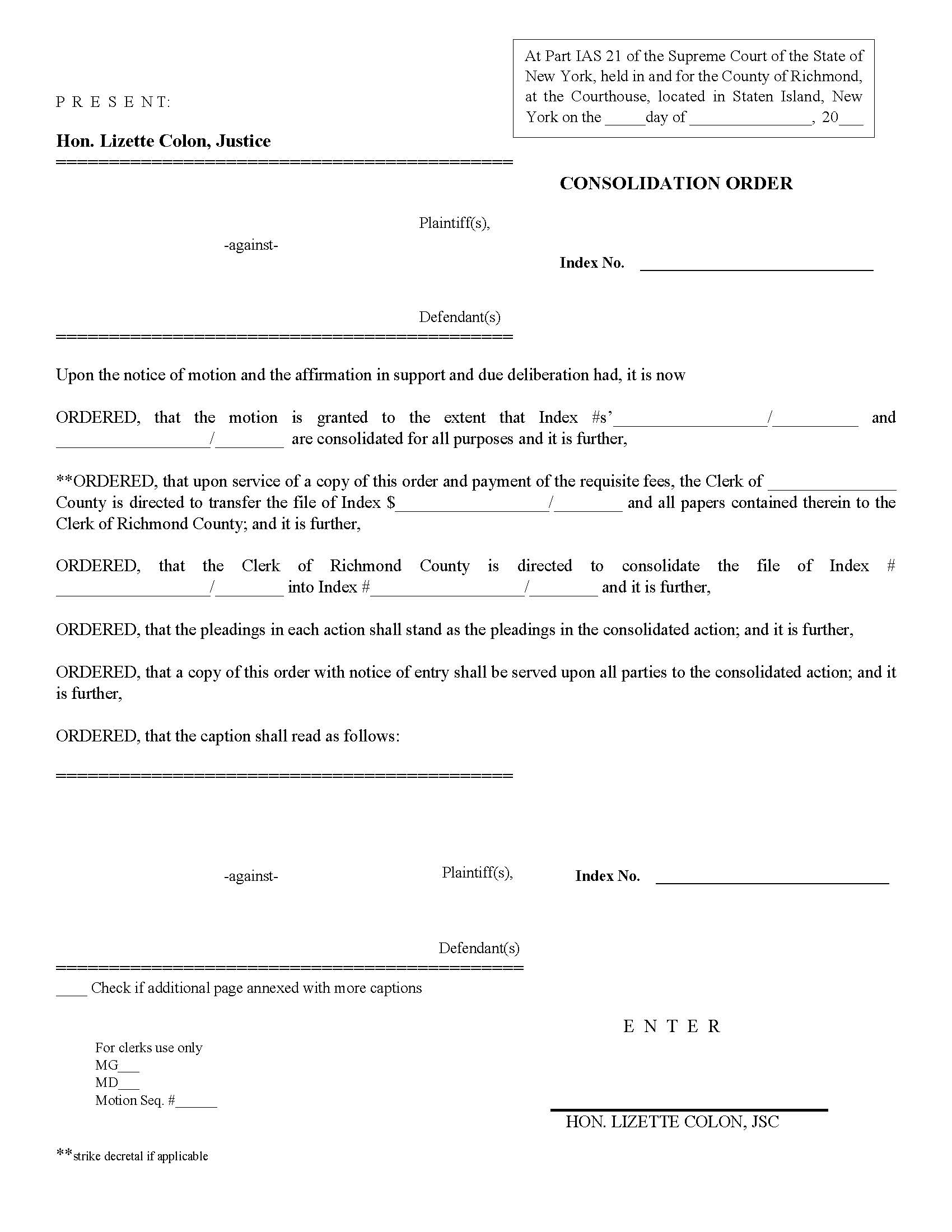 Consolidation Order (Judge Colon) | Pdf Fpdf Docx | New York