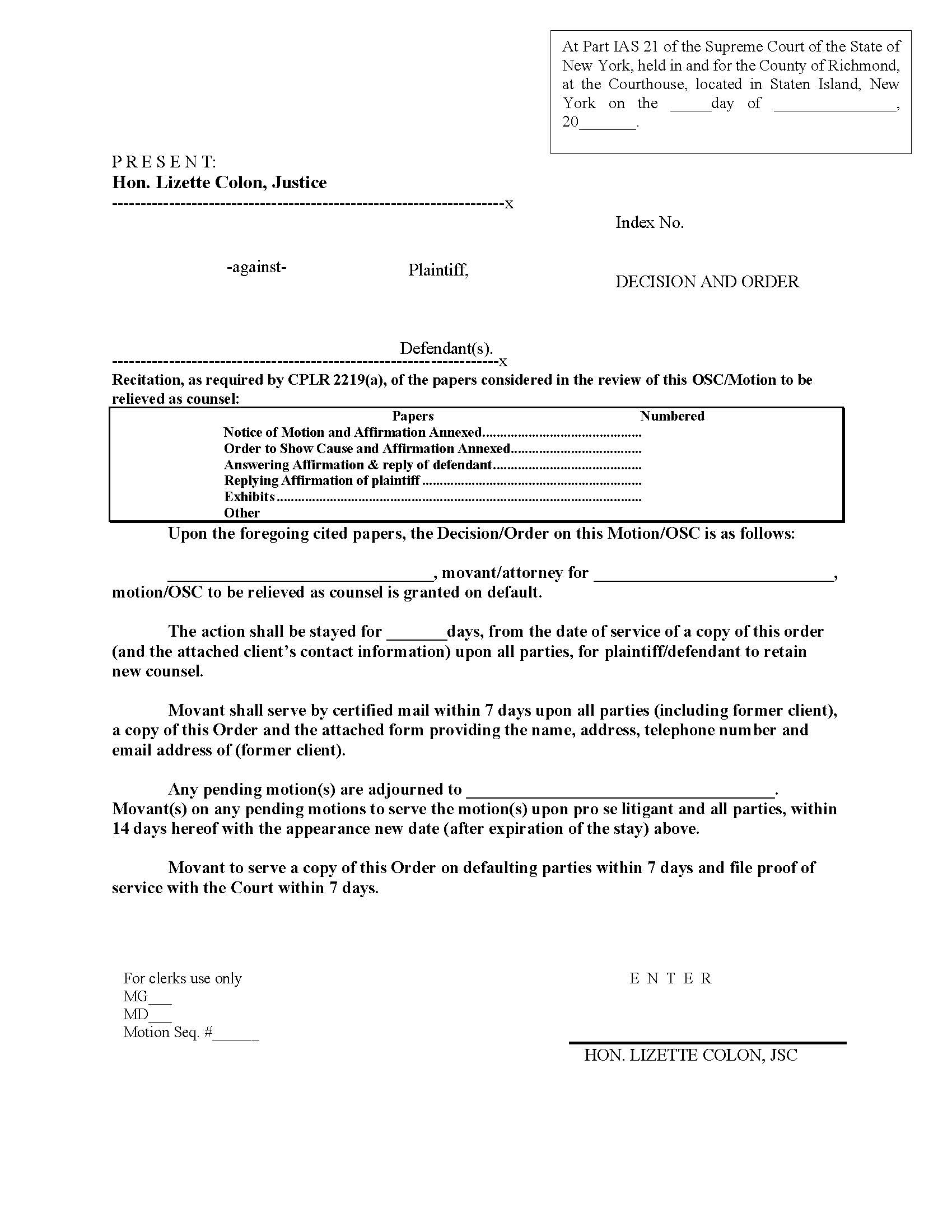 Decision And Order Counsel Relieved With Stay And Notice (Judge Colon) | Pdf Fpdf Docx | New York