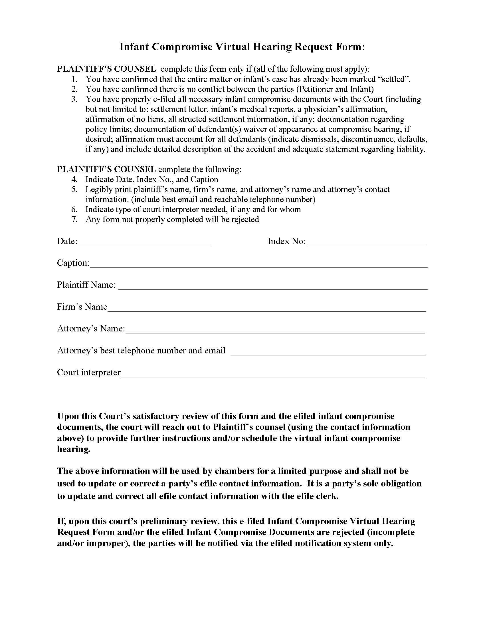 Infant Compromise Virtual Hearing Request Form (Judge Colon) | Pdf Fpdf Docx | New York