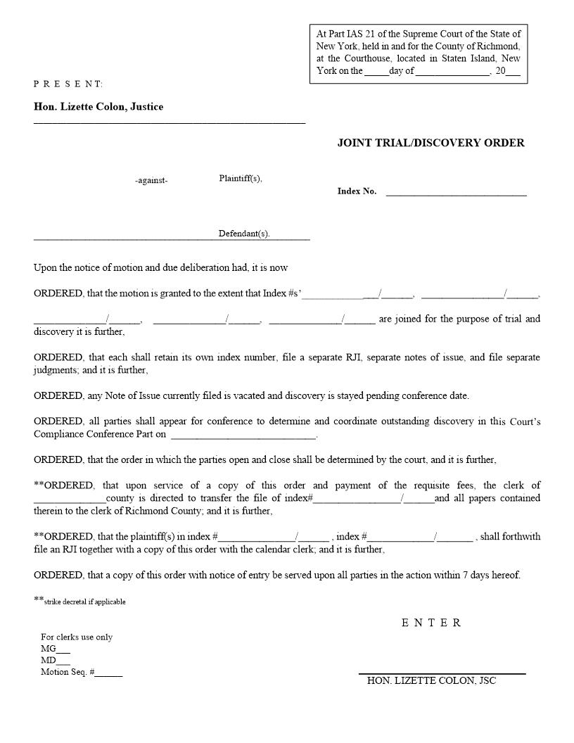 Joint Trial Discovery Order (Judge Colon) | Pdf Fpdf Docx | New York