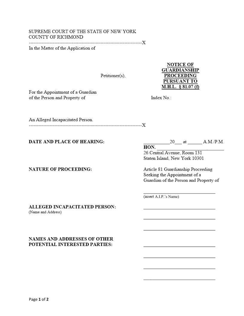Notice Of Guardianship Proceeding Pursuant To MHL Section 81.07(f) | Pdf Fpdf Docx | New York