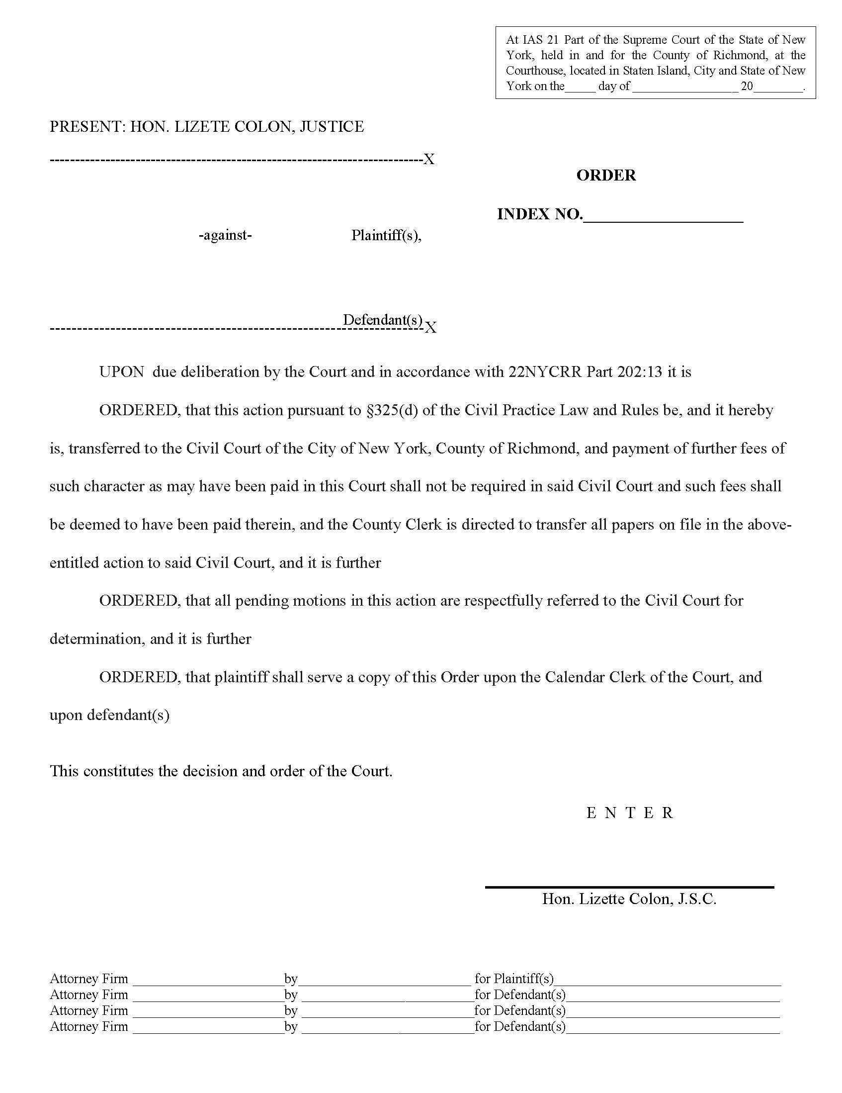 Order (Transferring To Civil Court - 325d Order) (Judge Colon) | Pdf Fpdf Docx | New York