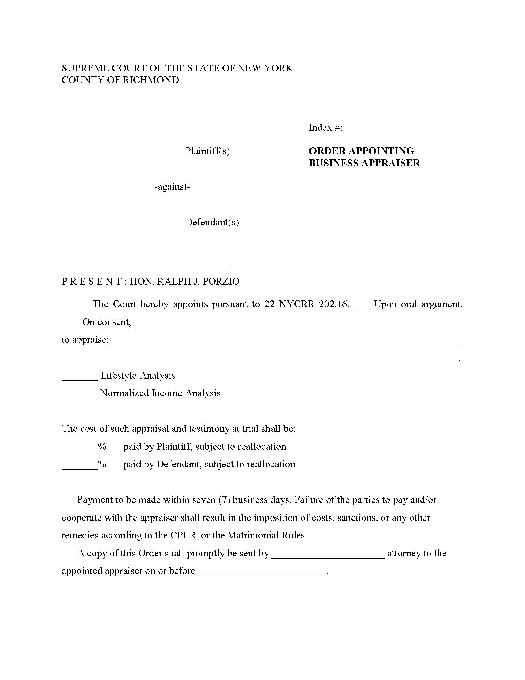 Order Appointing Business Appraiser (Judge Porzio) | Pdf Fpdf Docx | New York