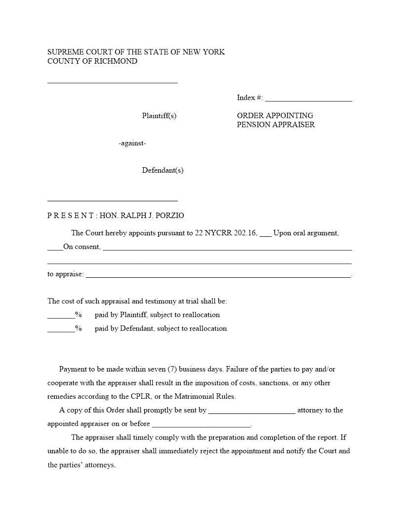 Order Appointing Pension Appraiser (Judge Porzio) | Pdf Fpdf Docx | New York