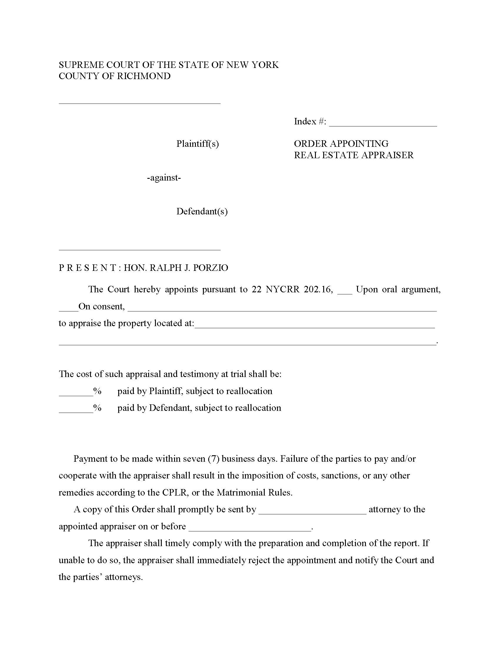 Order Appointing Real Estate Appraiser (Judge Porzio) | Pdf Fpdf Docx | New York