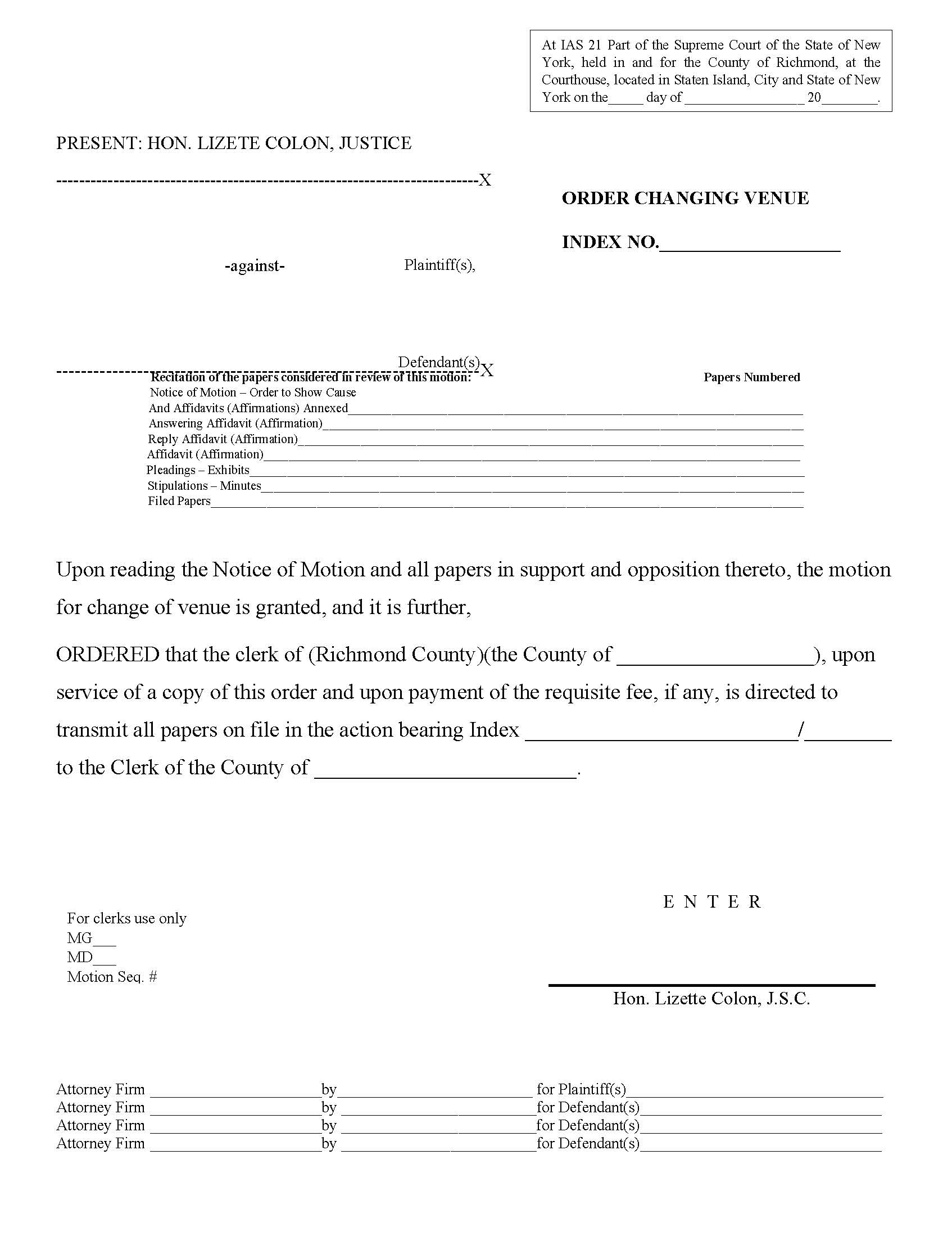Order Changing Venue (Judge Colon) | Pdf Fpdf Docx | New York