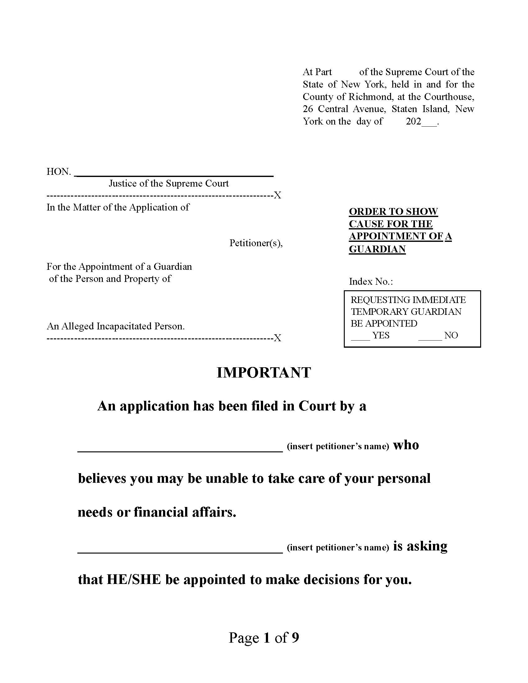 Order To Show Cause For Appointment Of Guardian (Incapacitated Person) {Ric OSCGIP} | Pdf Fpdf Docx | New York