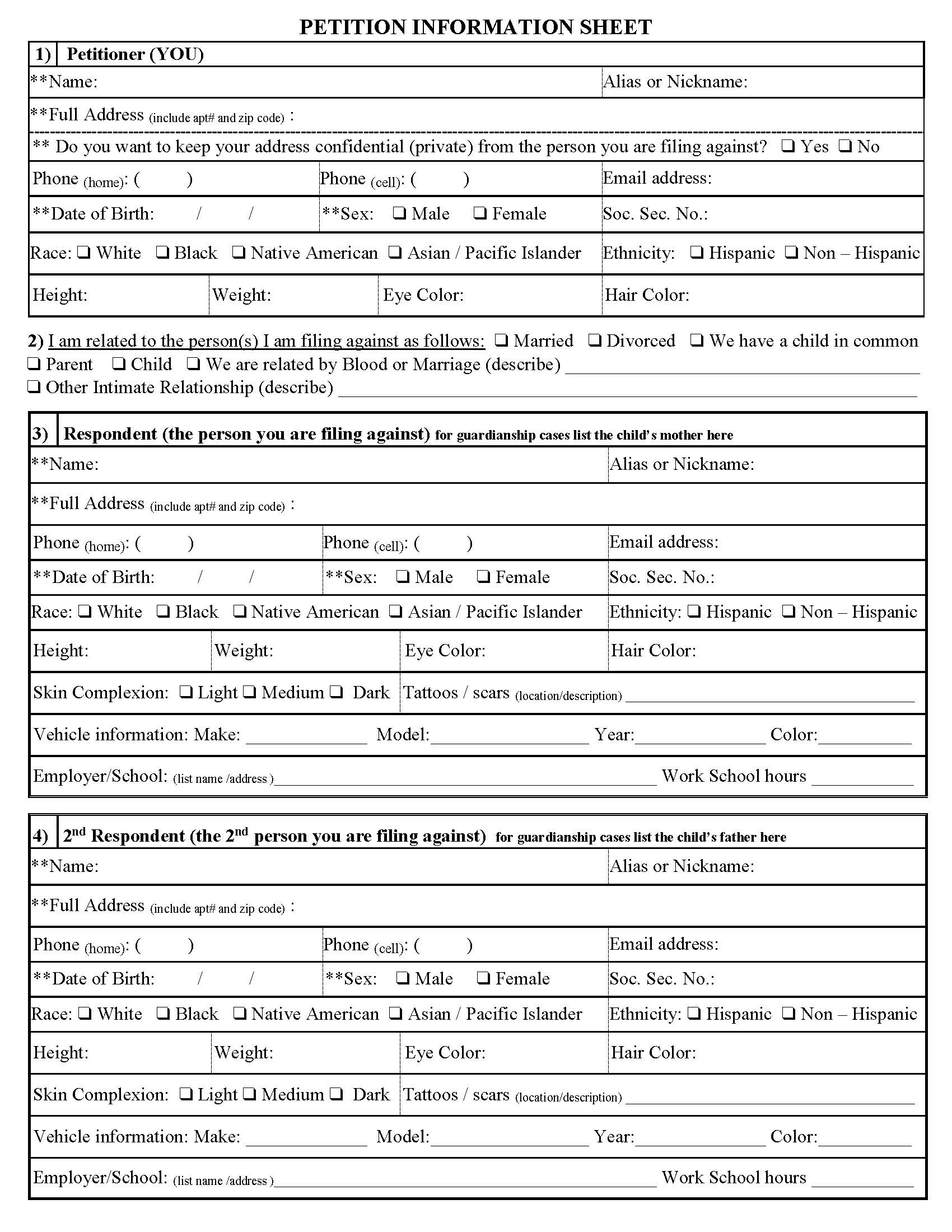 Petition Information Sheet Order Of Protection (Family Court - Richmond) | Pdf Fpdf Docx | New York