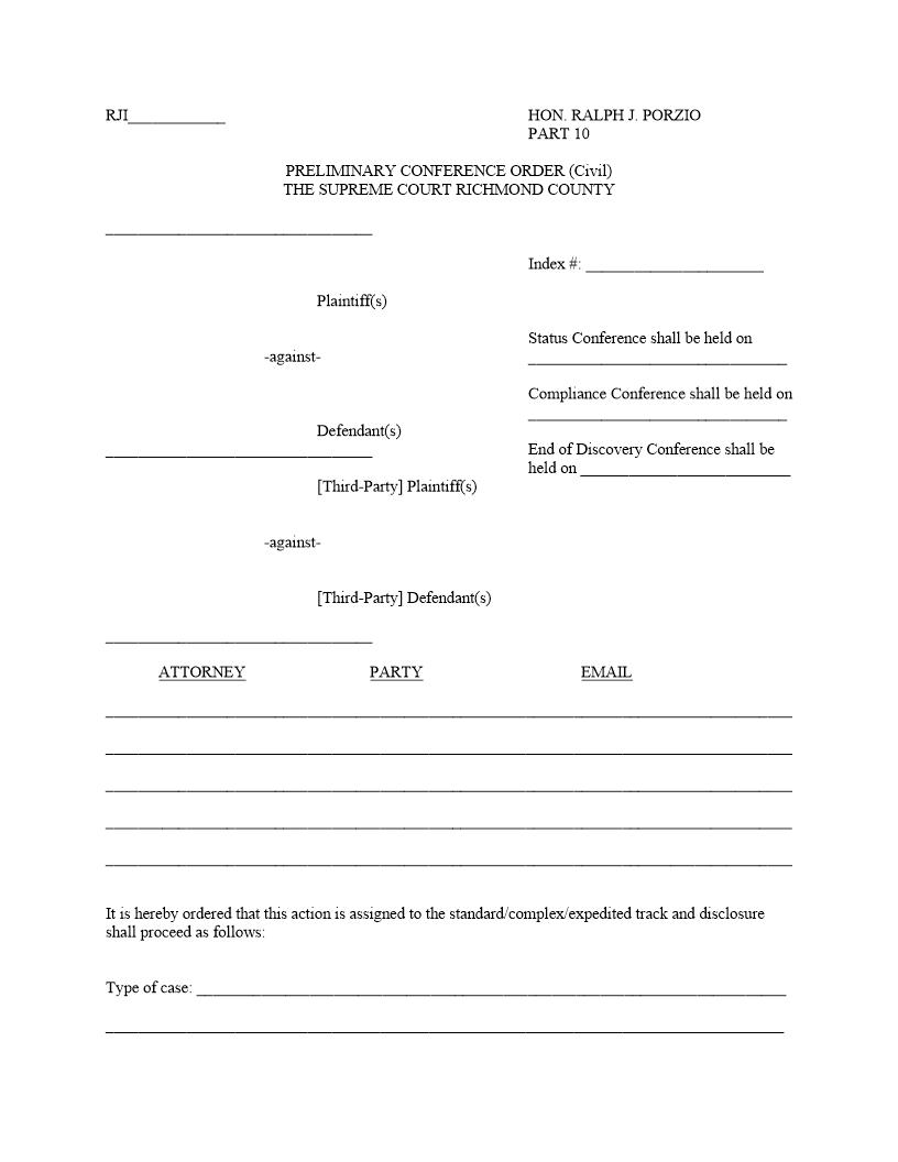 Preliminary Conference Order (Civil) (Judge Porzio IAS10) | Pdf Fpdf Docx | New York