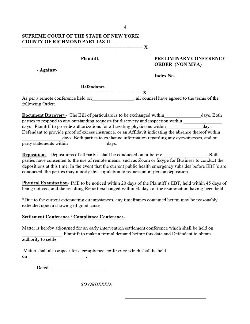Preliminary Conference Order (Non MVA) (Judge DiDomenico Part 11) | Pdf Fpdf Docx | New York