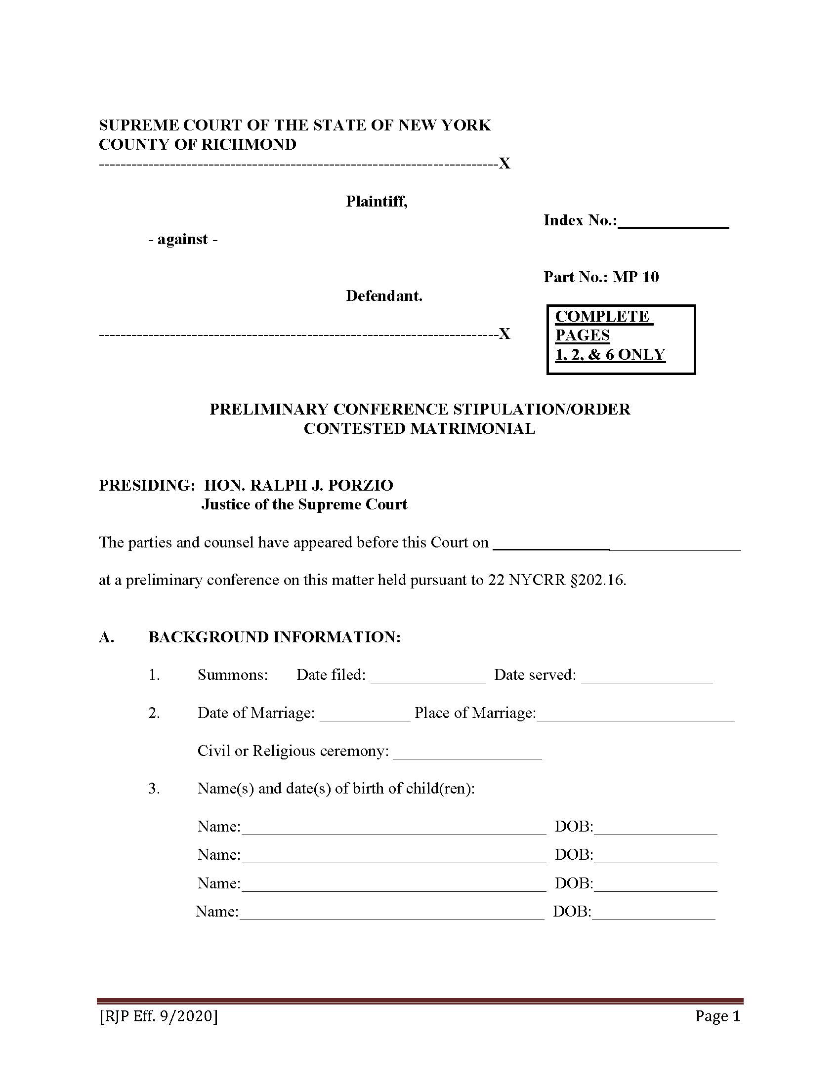 Preliminary Conference Stipulation-Order Contested Matrimonial (Judge Porzio MP10) | Pdf Fpdf Docx | New York