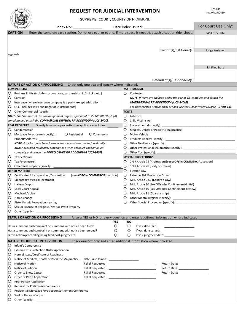 Request For Judicial Intervention (Richmond) {UCS-840} | Pdf Fpdf Docx | New York