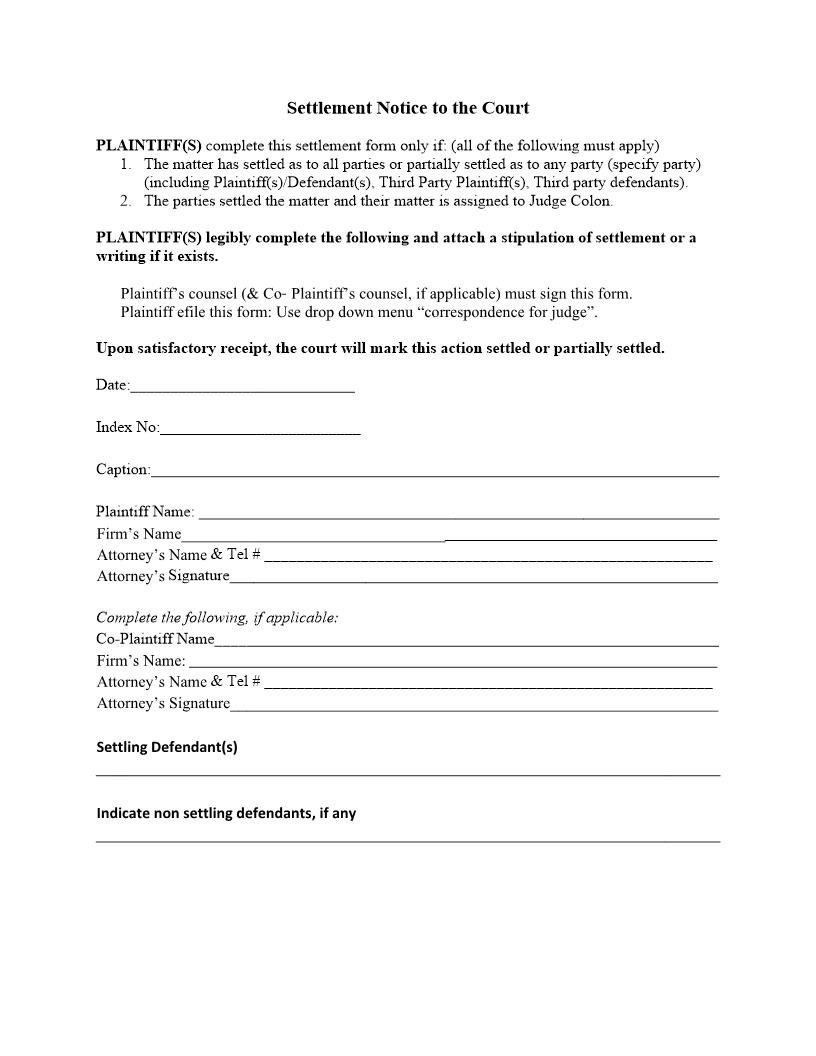 Settlement Notice To The Court (Judge Colon) | Pdf Fpdf Docx | New York