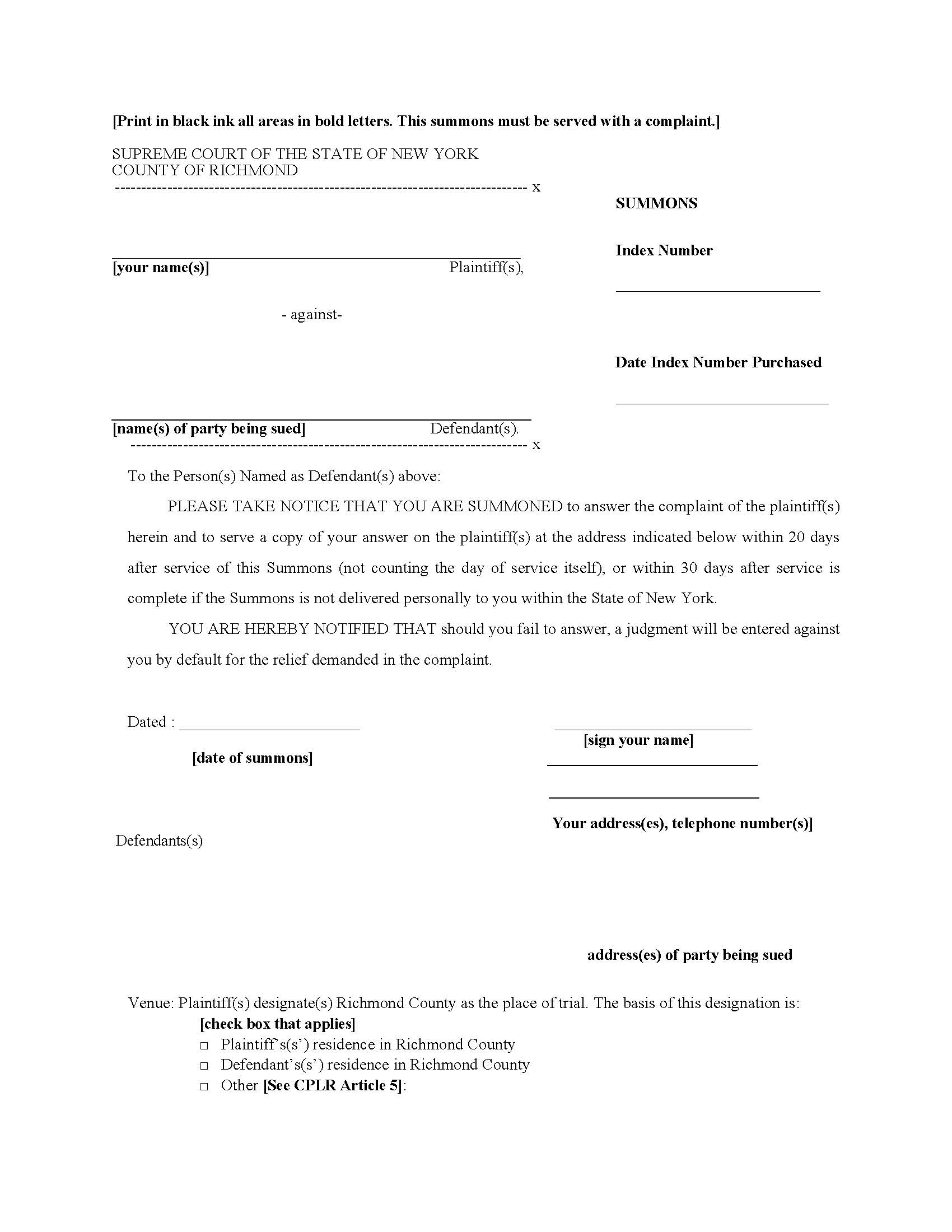 Summons (Richmond) | Pdf Fpdf Docx | New York