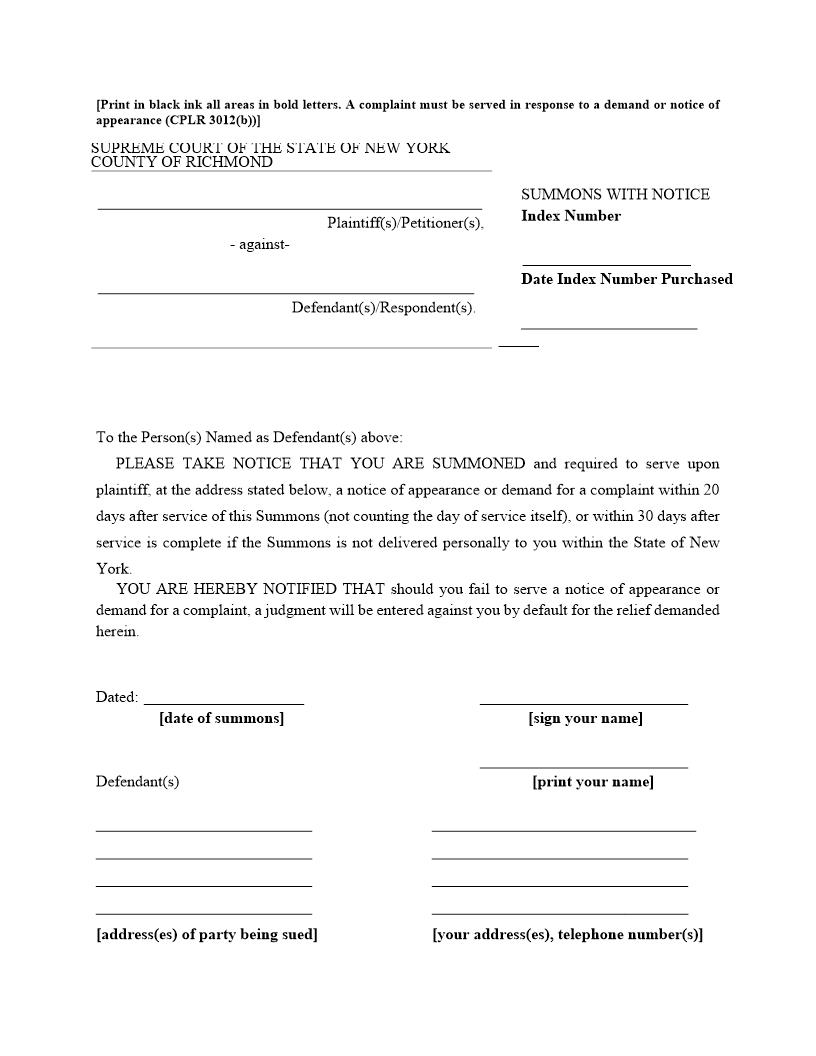 Summons With Notice (Richmond) | Pdf Fpdf Docx | New York