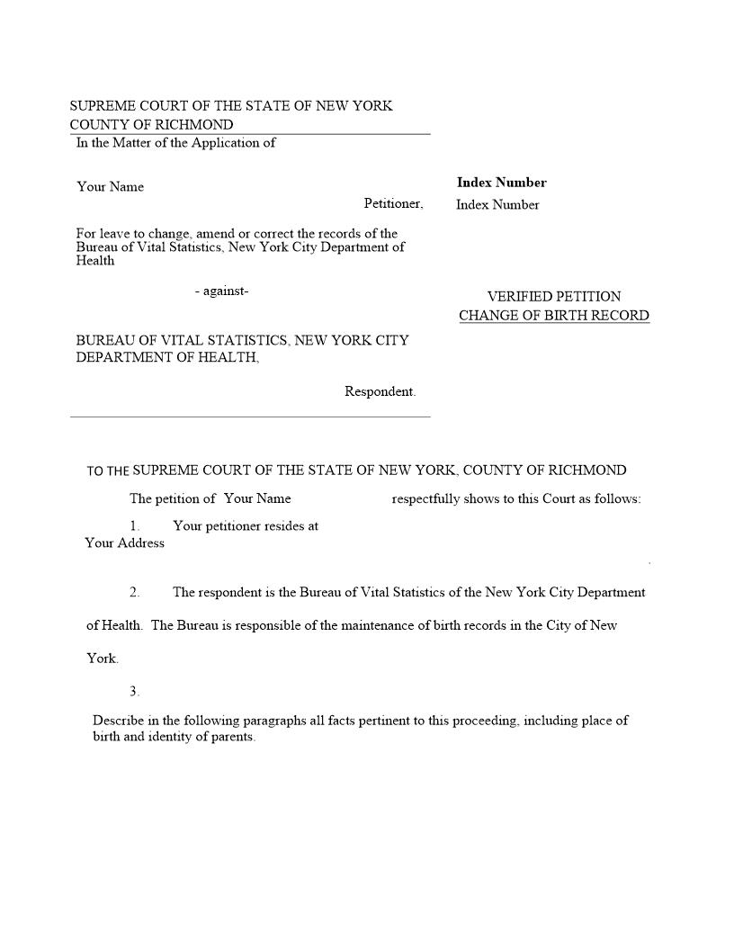 Verified Petition Change Of Birth Record | Pdf Fpdf Docx | New York