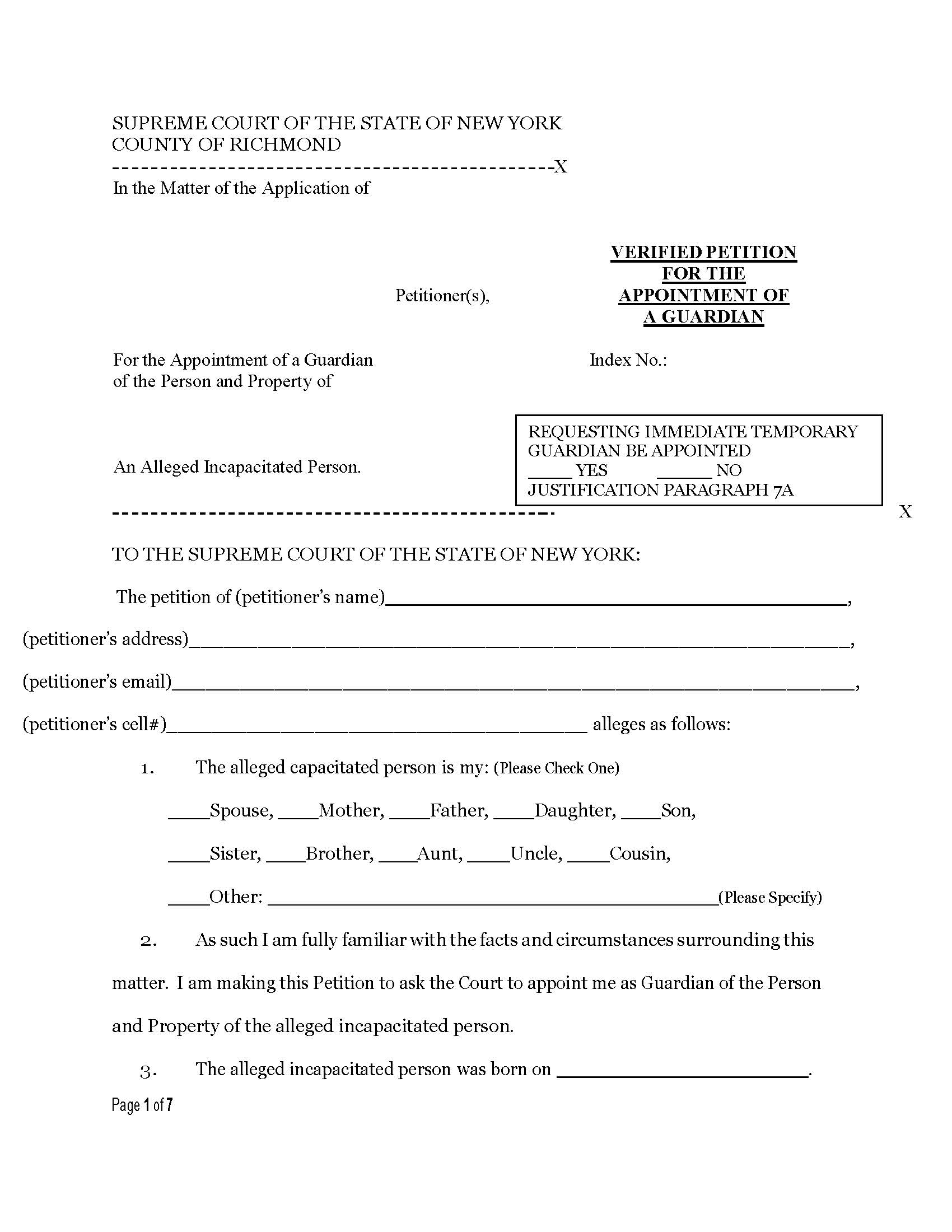 Verified Petition For The Appointment Of A Guardian | Pdf Fpdf Docx | New York