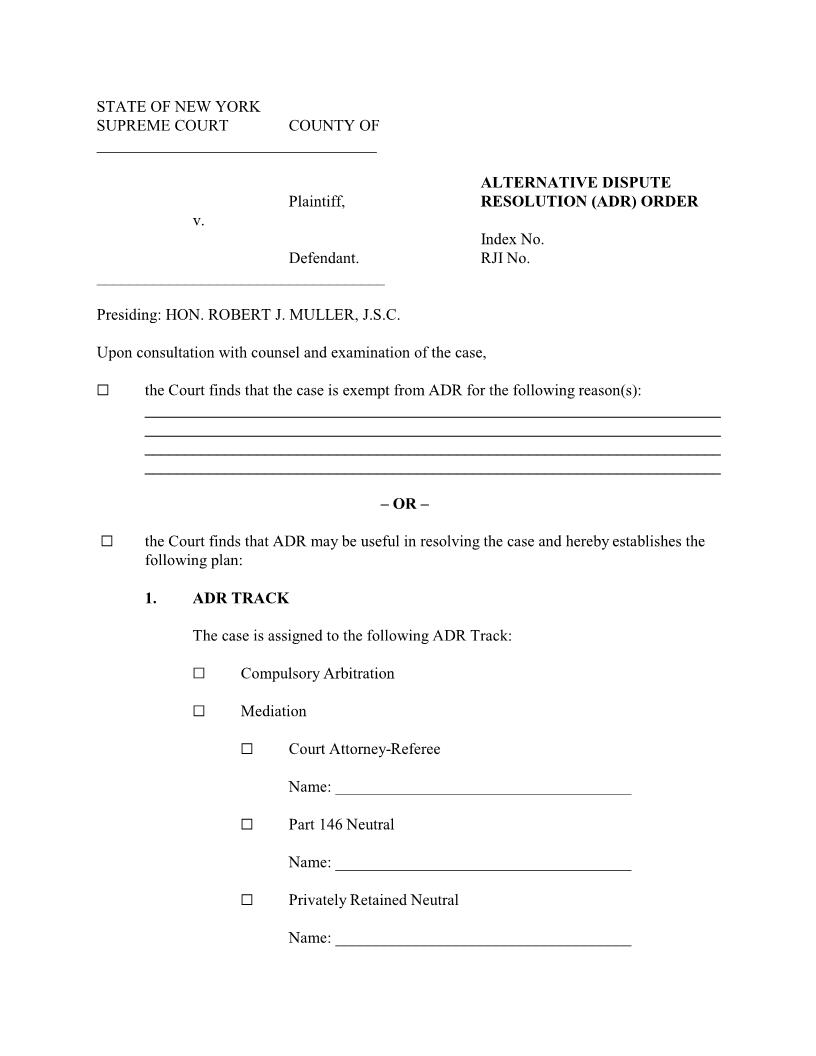 Alternative Dispute Resolution (ADR) Order (4th JD - Judge Muller) | Pdf Fpdf Docx | New York