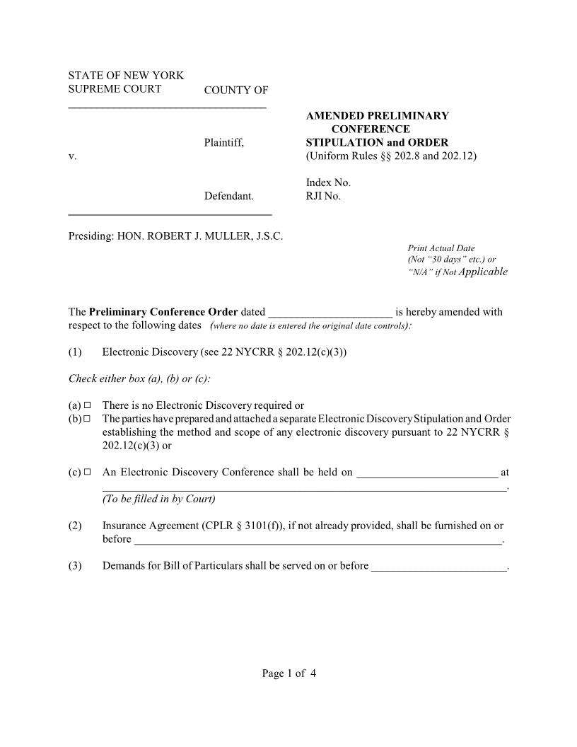 Amended Preliminary Conference Stipulation And Order (Contract) (4th JD - Judge Muller) | Pdf Fpdf Docx | New York
