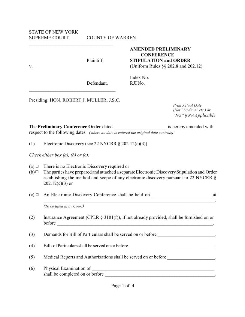 Amended Preliminary Conference Stipulation Order (Personal Injury) (4th JD - Judge Muller) | Pdf Fpdf Docx | New York