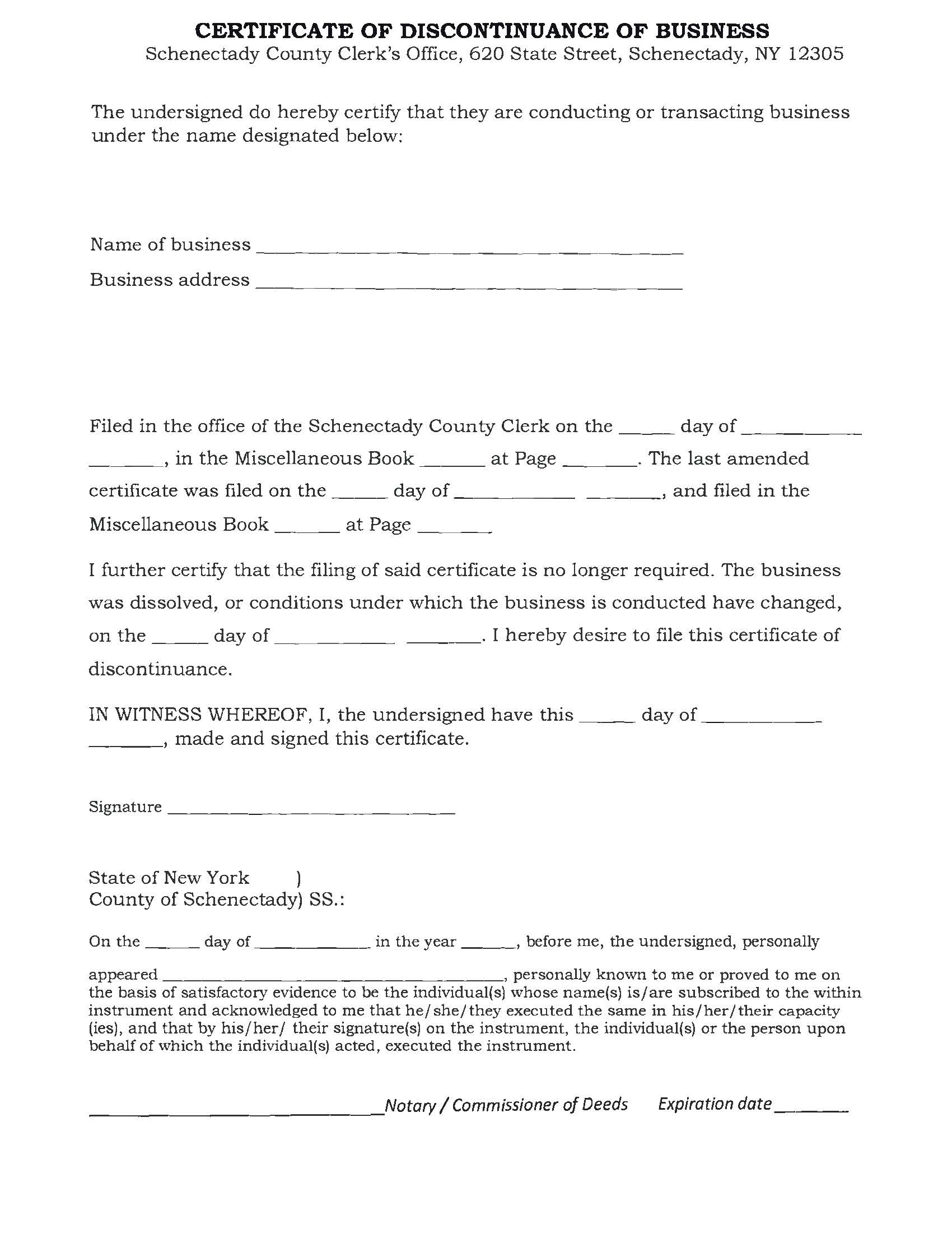 Certificate Of Discontinuance Of Business | Pdf Fpdf Docx | New York
