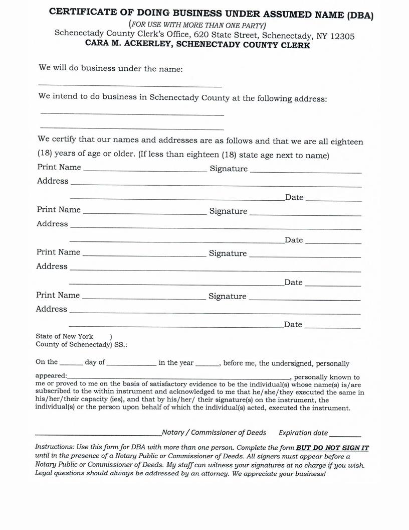 Certificate Of Doing Business Under Assumed Name (DBA) (For Partners) | Pdf Fpdf Docx | New York