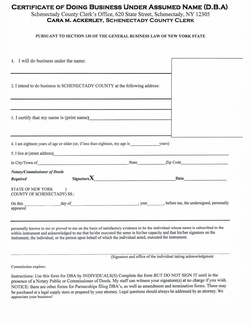 Certificate Of Doing Business Under Assumed Name (DBA) For Individual | Pdf Fpdf Docx | New York