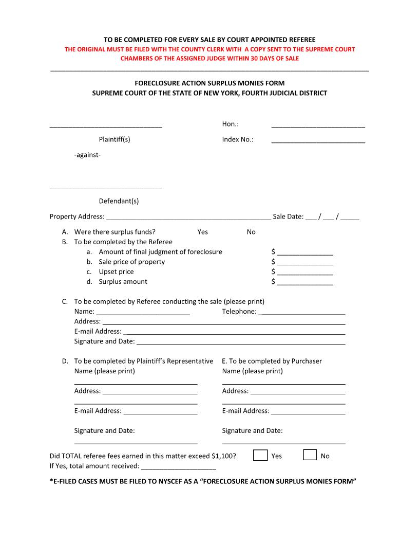 Foreclosure Action Surplus Monies Form | Pdf Fpdf Docx | New York