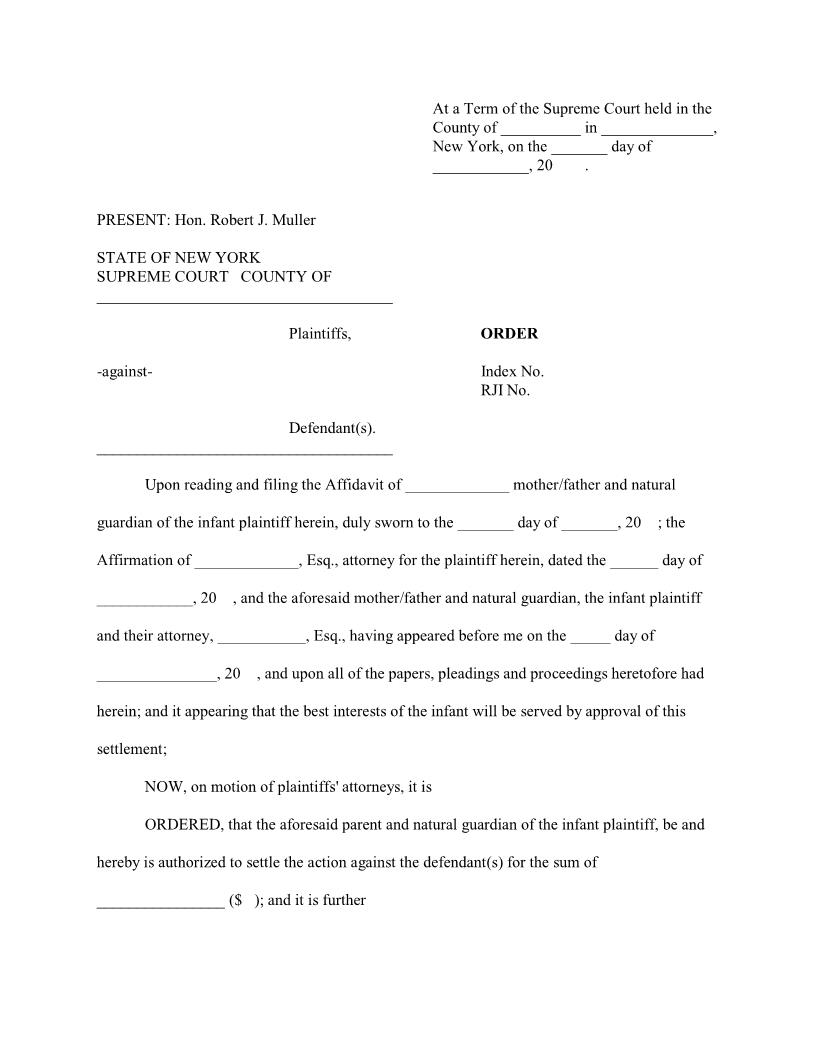 Infant Settlement Order (4th JD - Judge Muller) | Pdf Fpdf Docx | New York