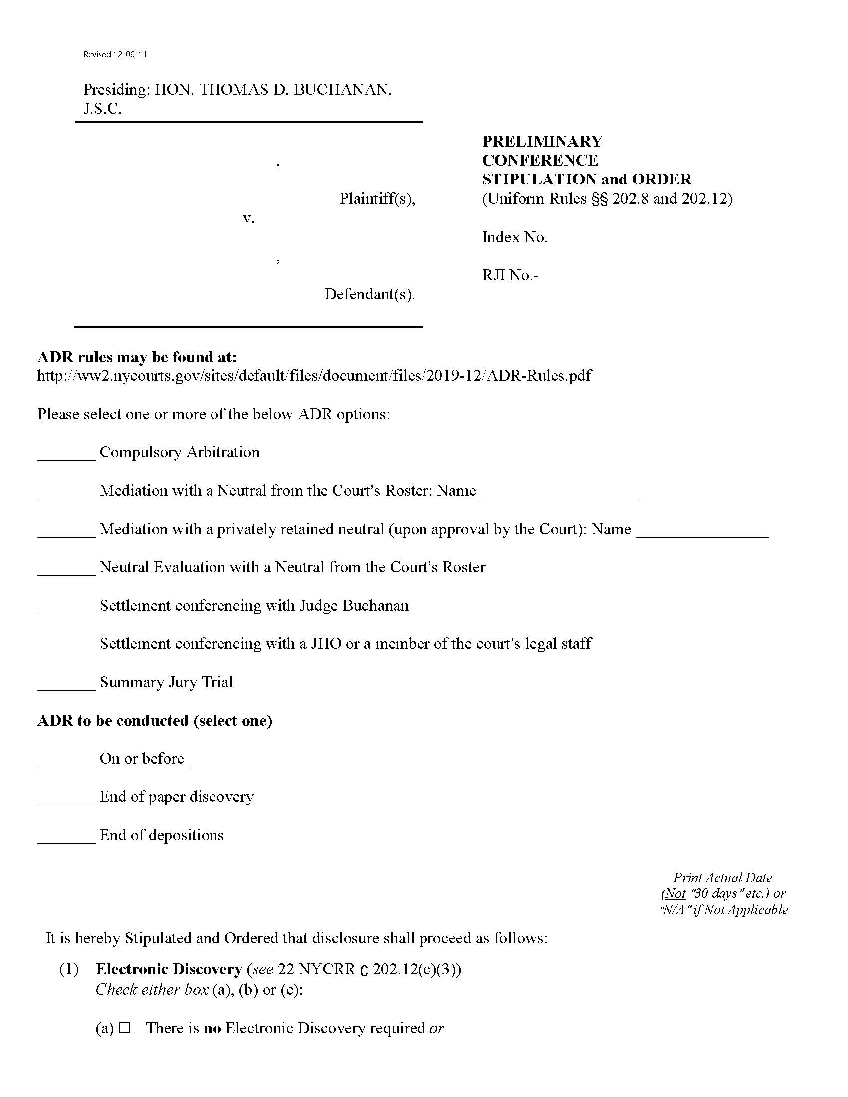 Preliminary Conference Stipulation And Order (4th JD - Judge Buchanan) | Pdf Fpdf Docx | New York