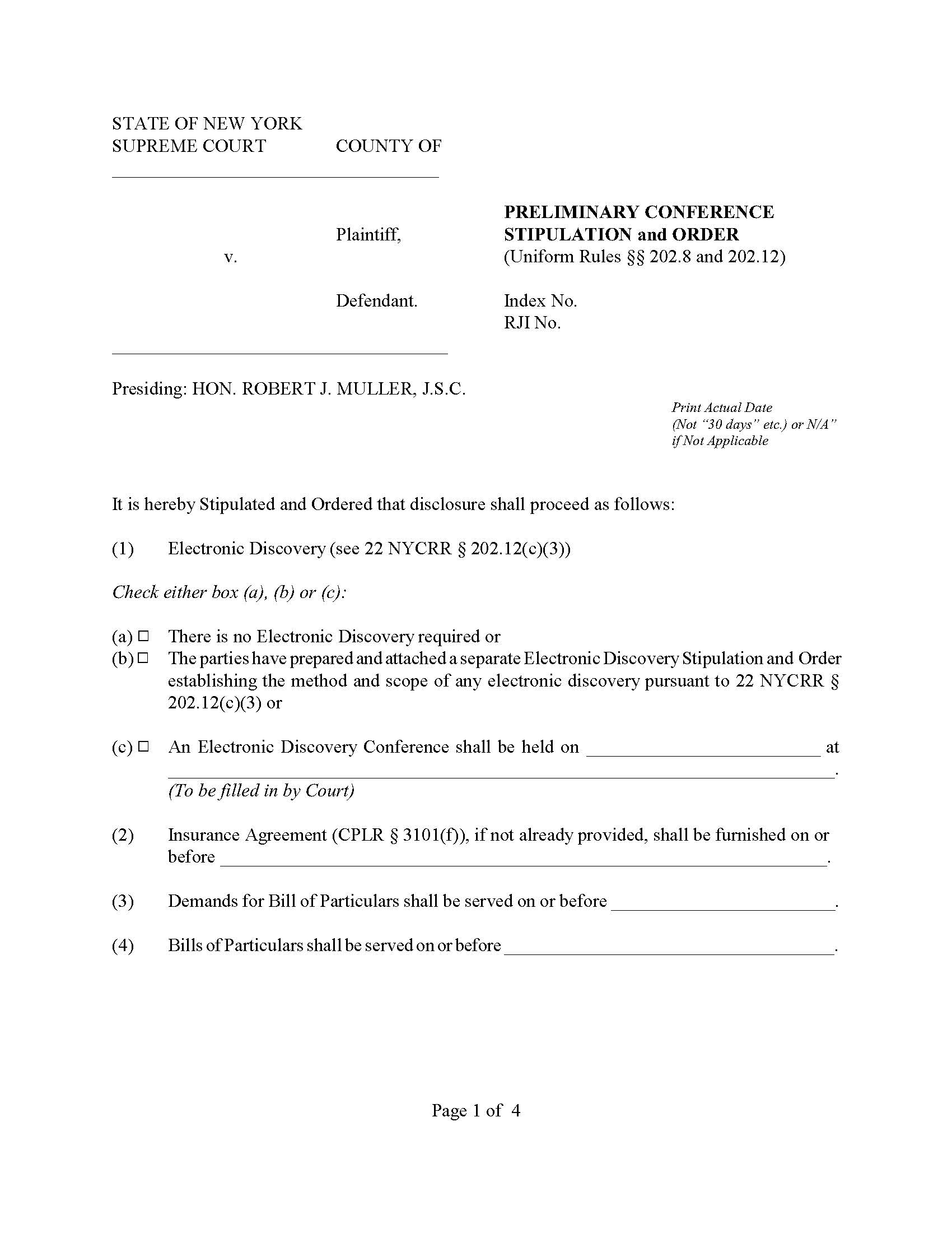 Preliminary Conference Stipulation And Order (Contract) (4th JD - Judge Muller) | Pdf Fpdf Docx | New York