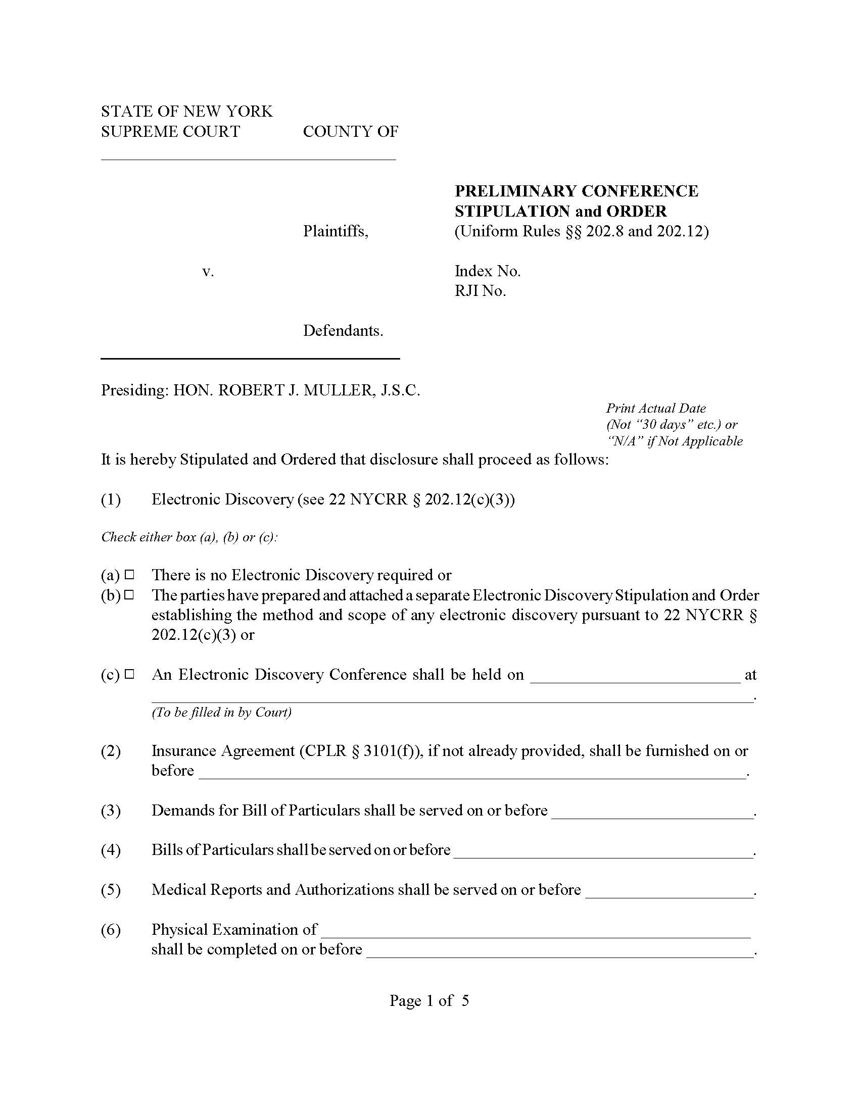 Preliminary Conference Stipulation Order (Personal Injury) (4th JD - Judge Muller) | Pdf Fpdf Docx | New York