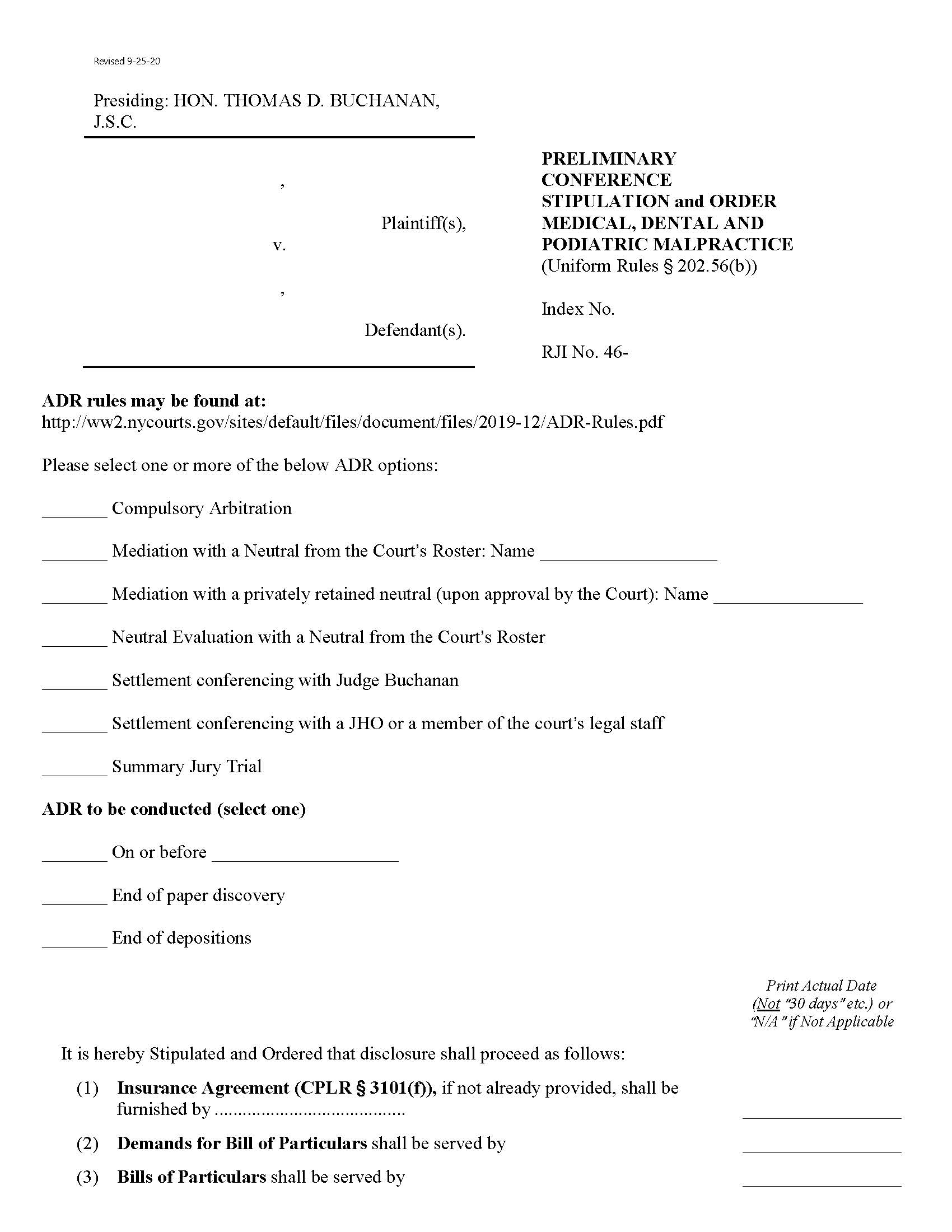 Preliminary Conference Stipulation Order Medical Malpractice (4th JD - Judge Buchanan) | Pdf Fpdf Docx | New York