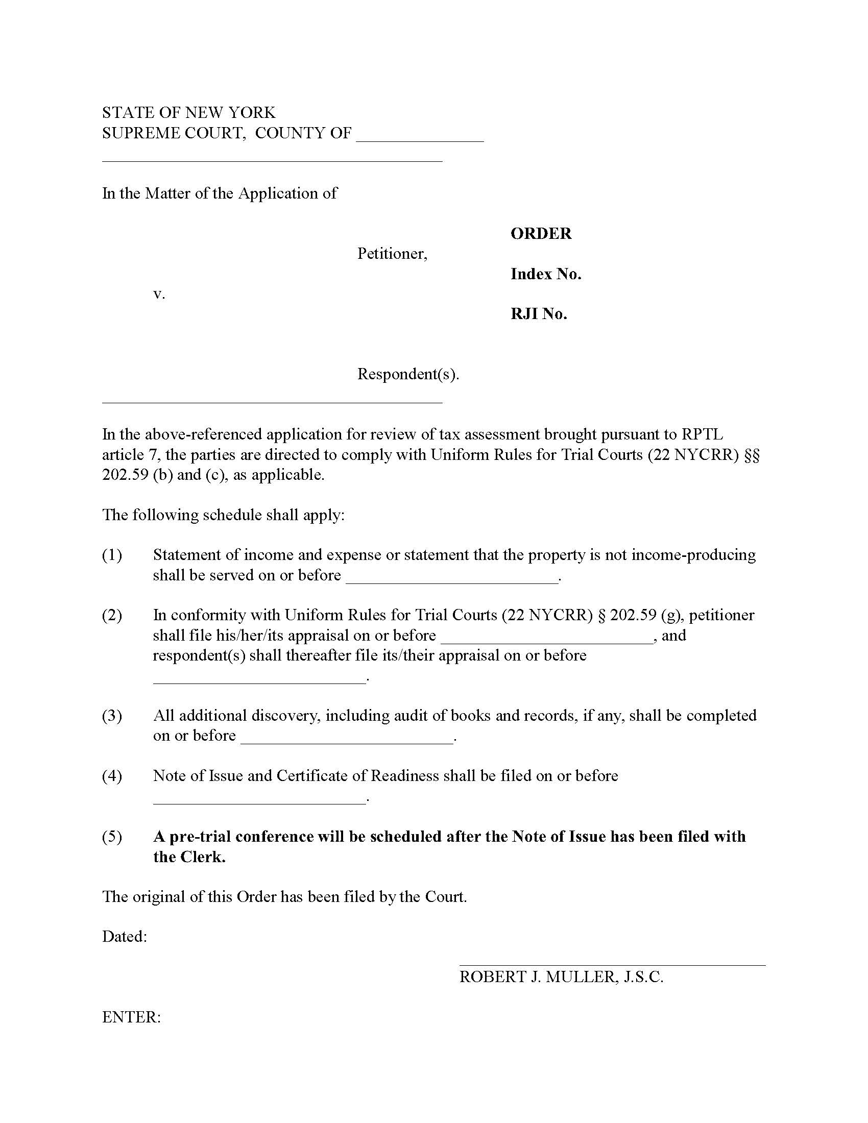 Scheduling Order Tax Certiorari Proceeding (4th JD - Judge Muller) | Pdf Fpdf Docx | New York