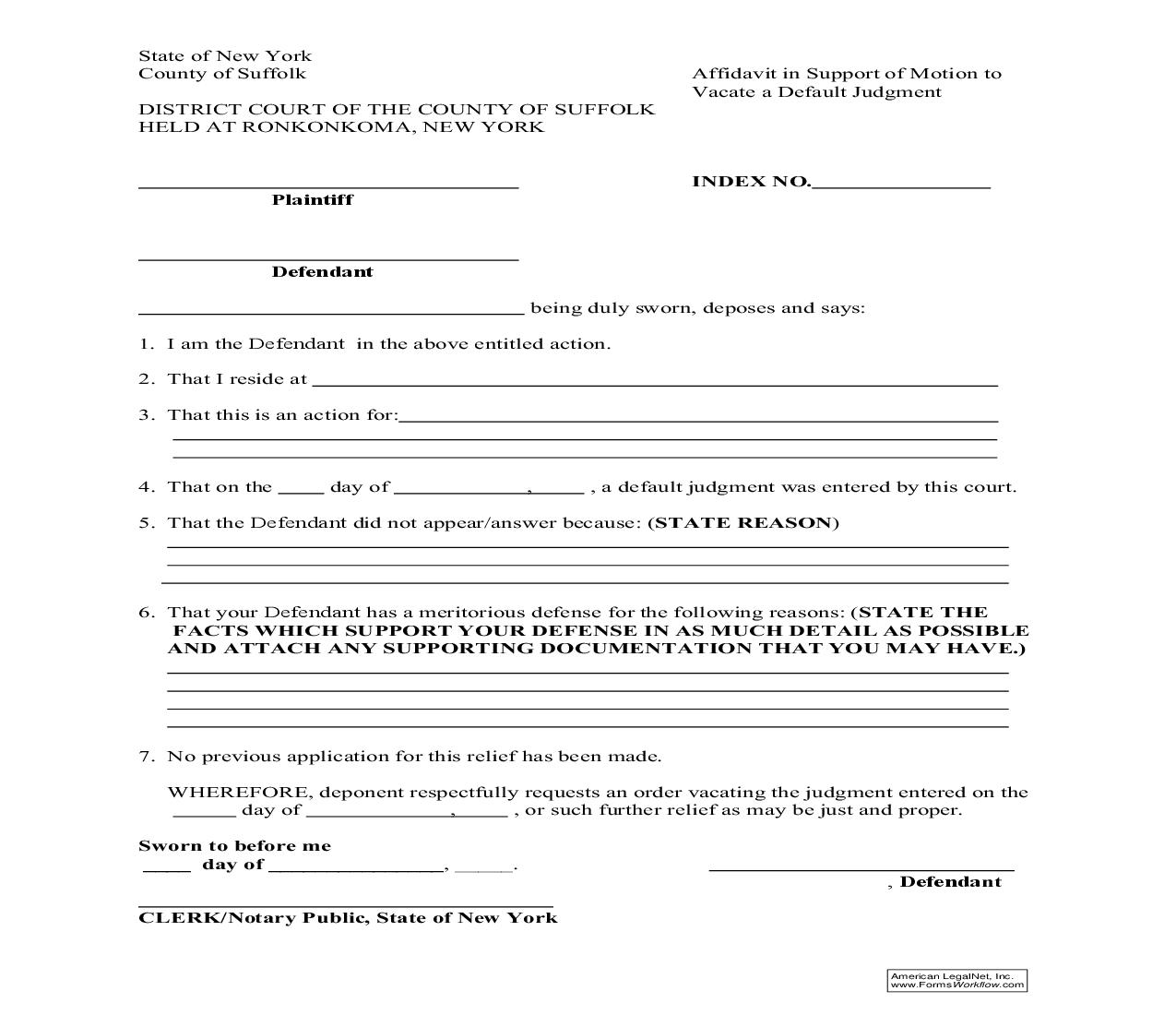 Affidavit In Support Of Motion To Vacate A Default Judgment (Civil Cases} | Pdf Fpdf Doc Docx | New York