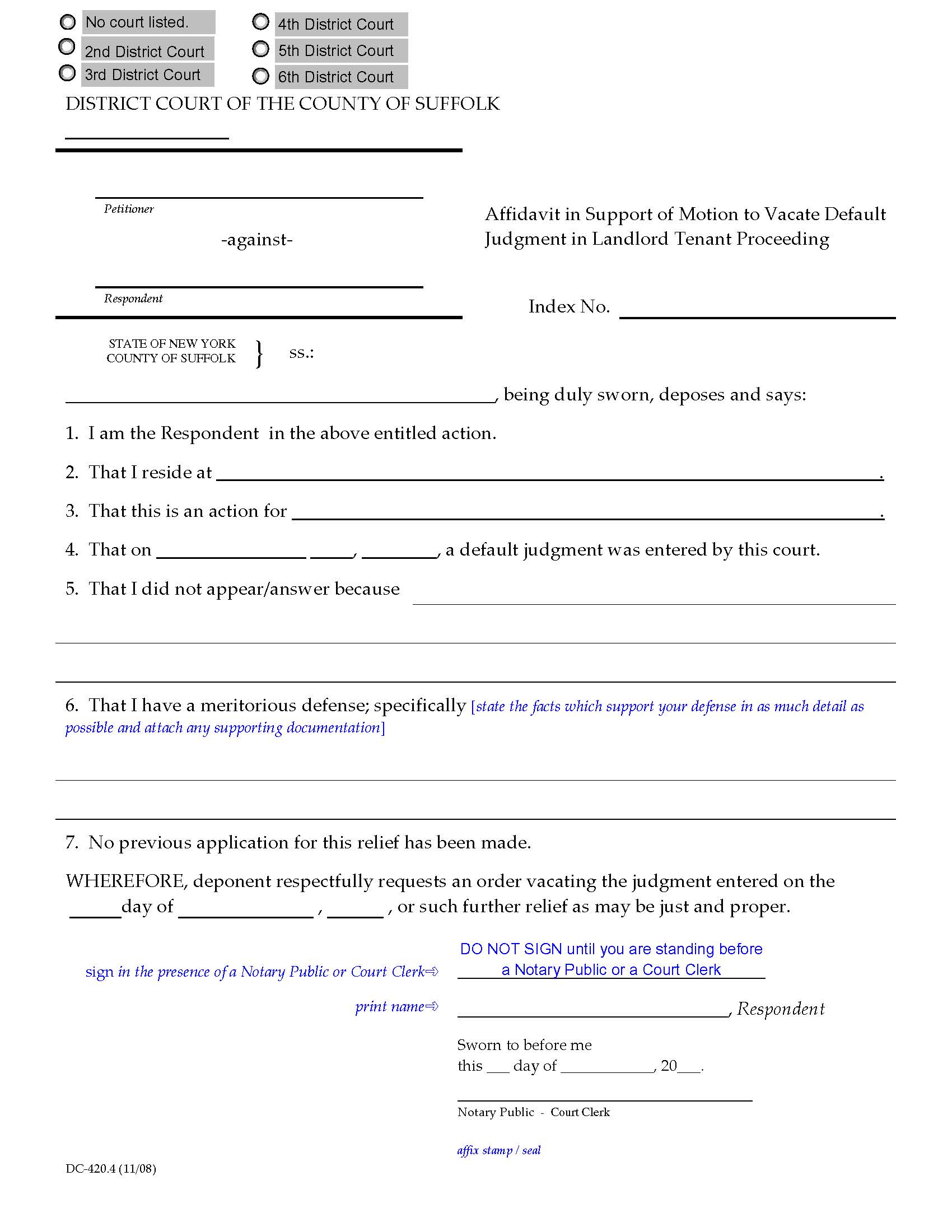 Affidavit In Support Of Motion To Vacate Default Judgment In Landlord Tenant Proceeding {DC-420.4} | Pdf Fpdf Doc Docx | New York