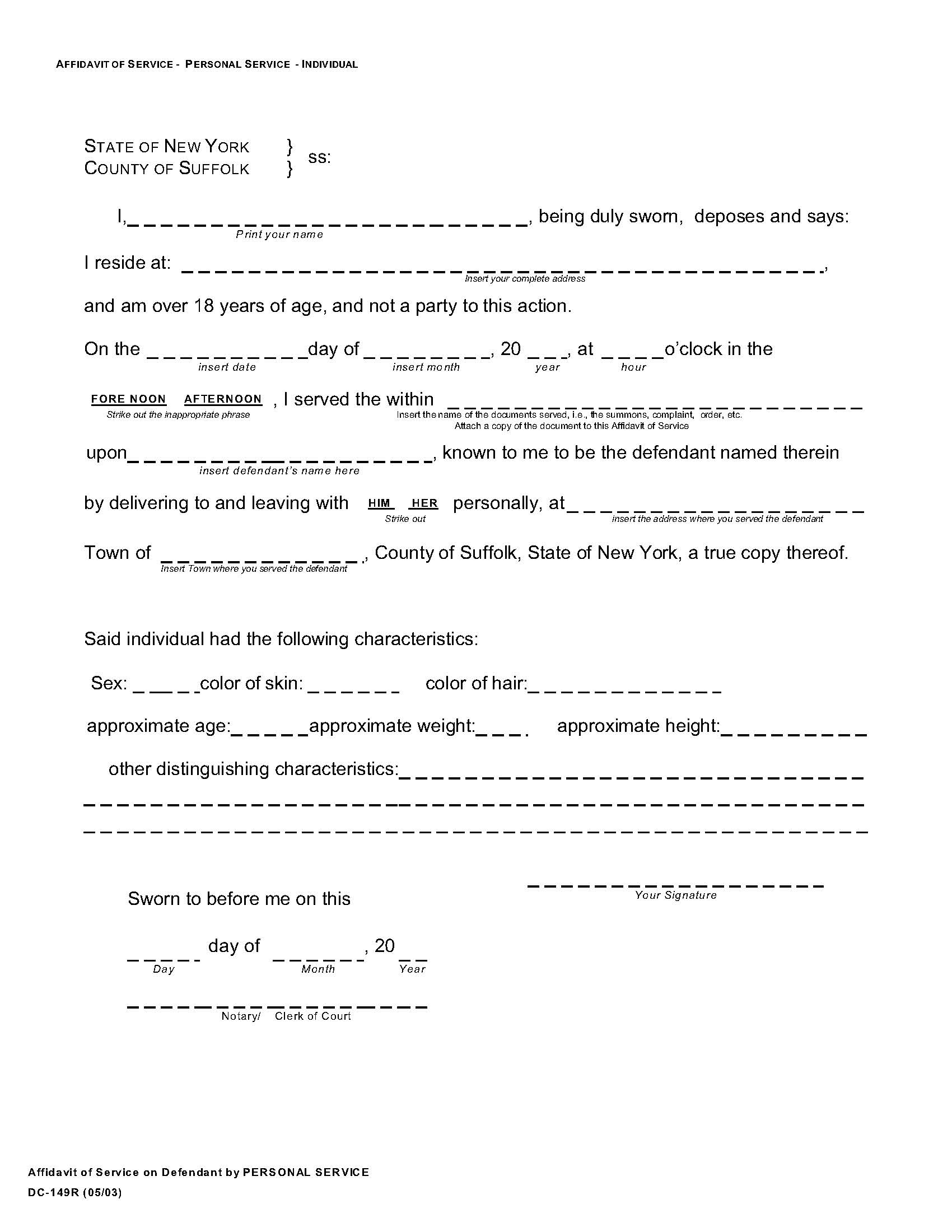 Affidavit Of Personal Service {DC-149R} | Pdf Fpdf Doc Docx | New York
