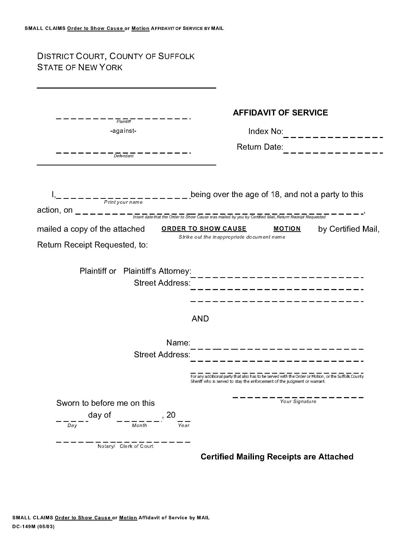 Affidavit Of Service By Mail (Small Claims Order To Show Cause Or Motion) {DC-149M} | Pdf Fpdf Doc Docx | New York