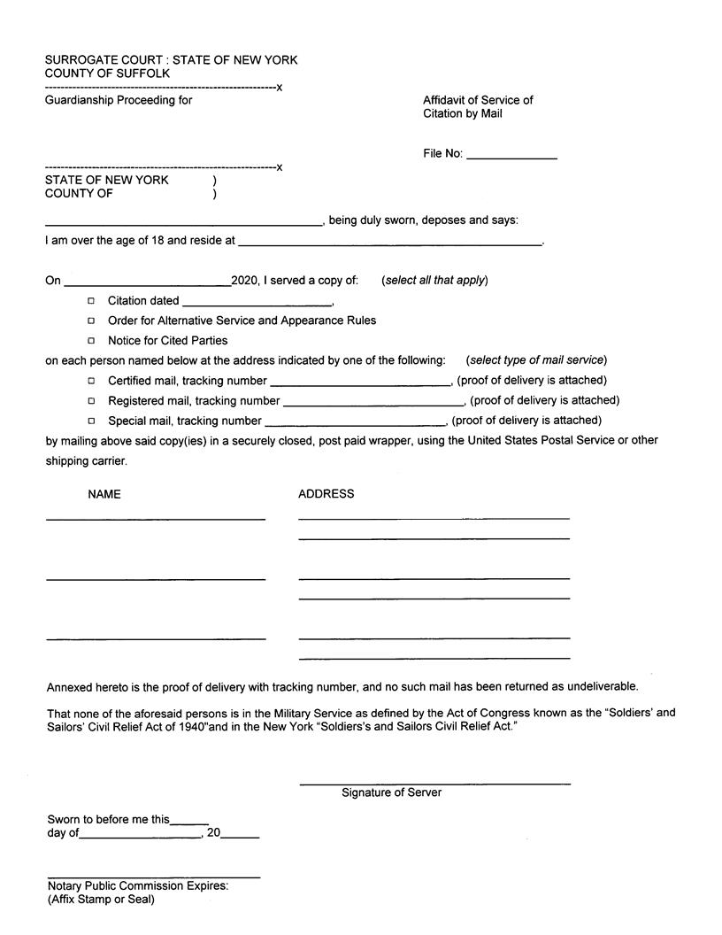 Affidavit Of Service Of Citation By Mail (Suffolk) | Pdf Fpdf Docx | New York