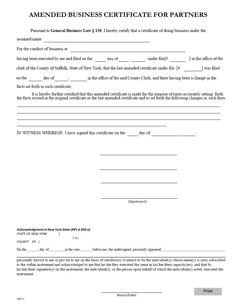 Amended Business Certificate For Partners | Pdf Fpdf Docx | New York