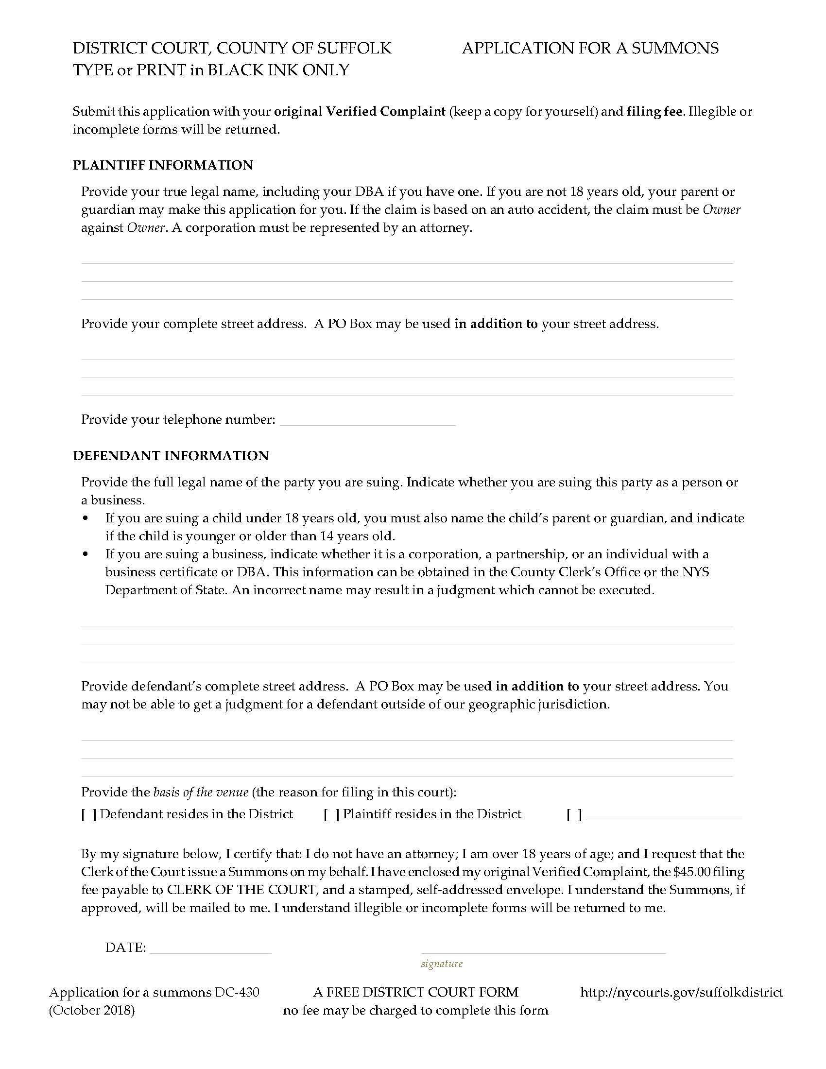 Application For A Summons {DC-430} | Pdf Fpdf Docx | New York
