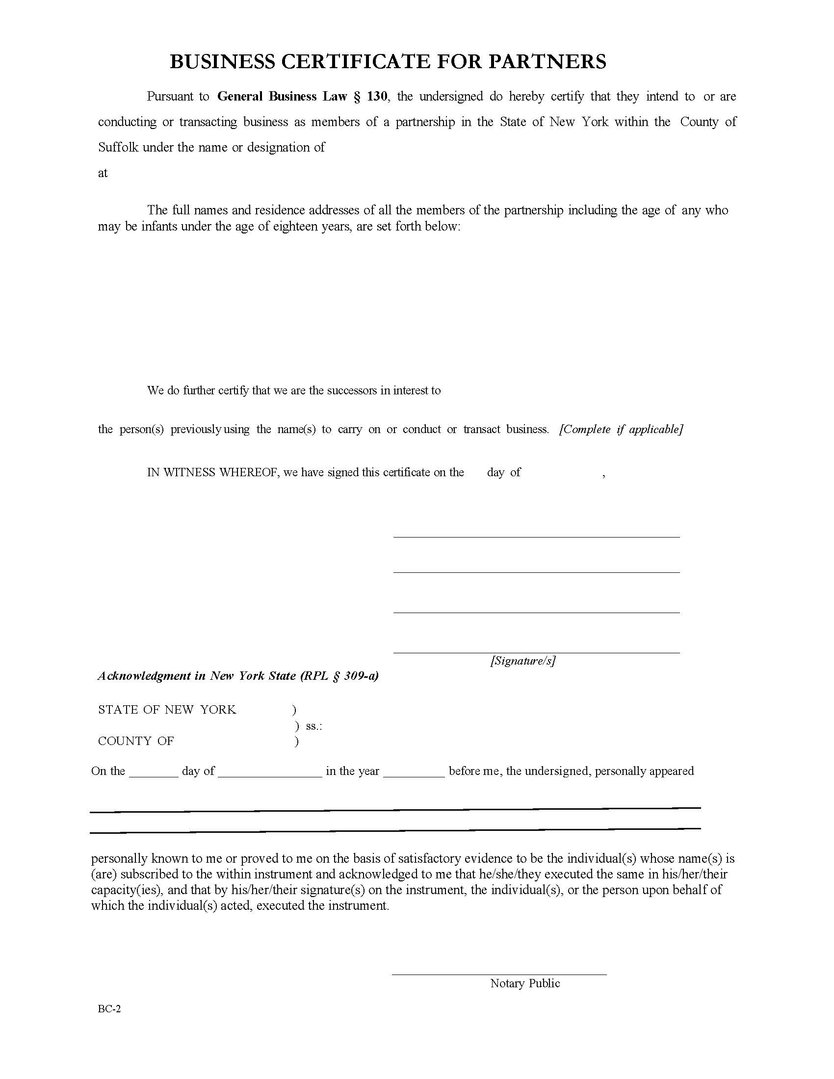 Business Certificate For Partners | Pdf Fpdf Docx | New York