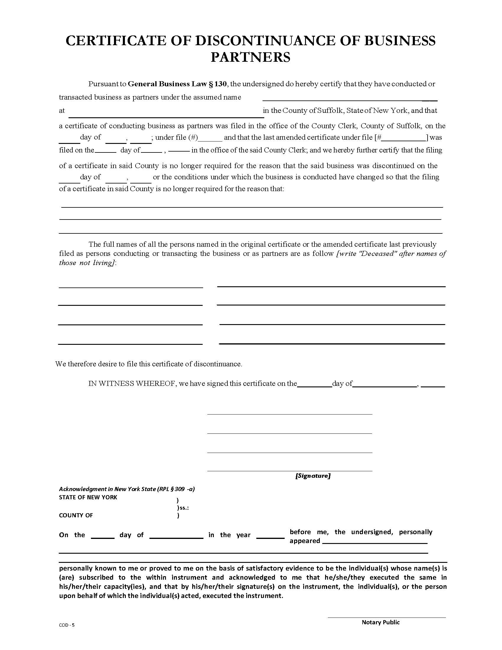 Certificate Of Discontinuance Of Business Partners | Pdf Fpdf Docx | New York