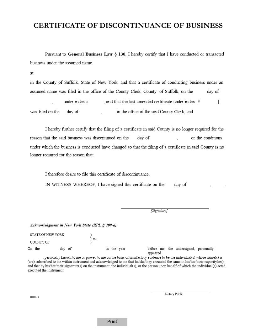 Certificate Of Discontinuance Of Business | Pdf Fpdf Docx | New York