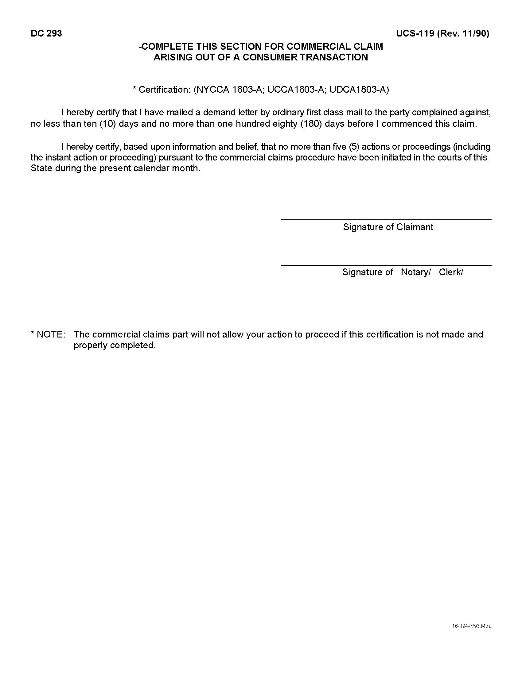 Certification (Demand Letter - Commercial Claim Arising Out Of A Consumer Transaction) {DC-293} | Pdf Fpdf Doc Docx | New York
