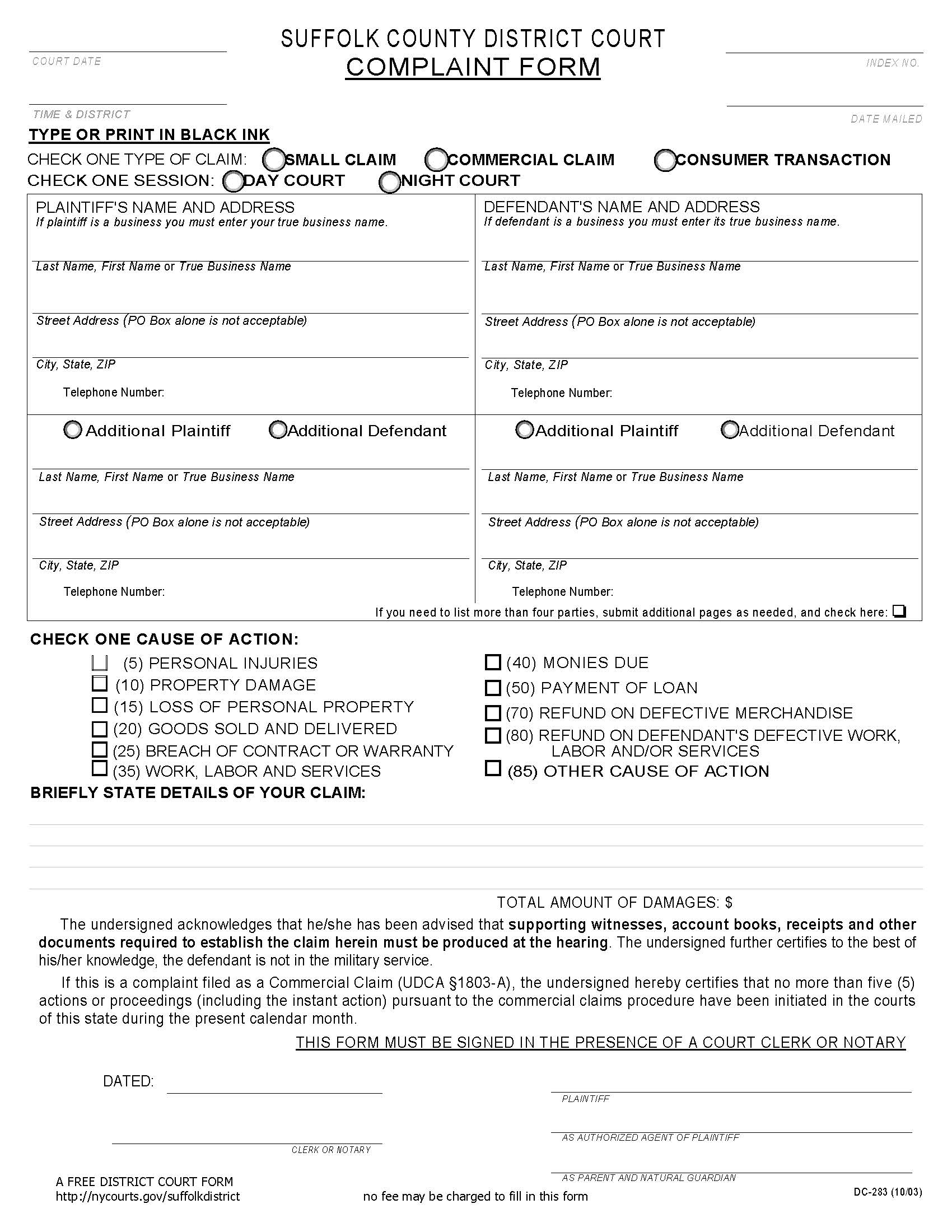 Complaint (Small Claim Commercial Claim Consumer Transaction) {DC-283} | Pdf Fpdf Docx | New York