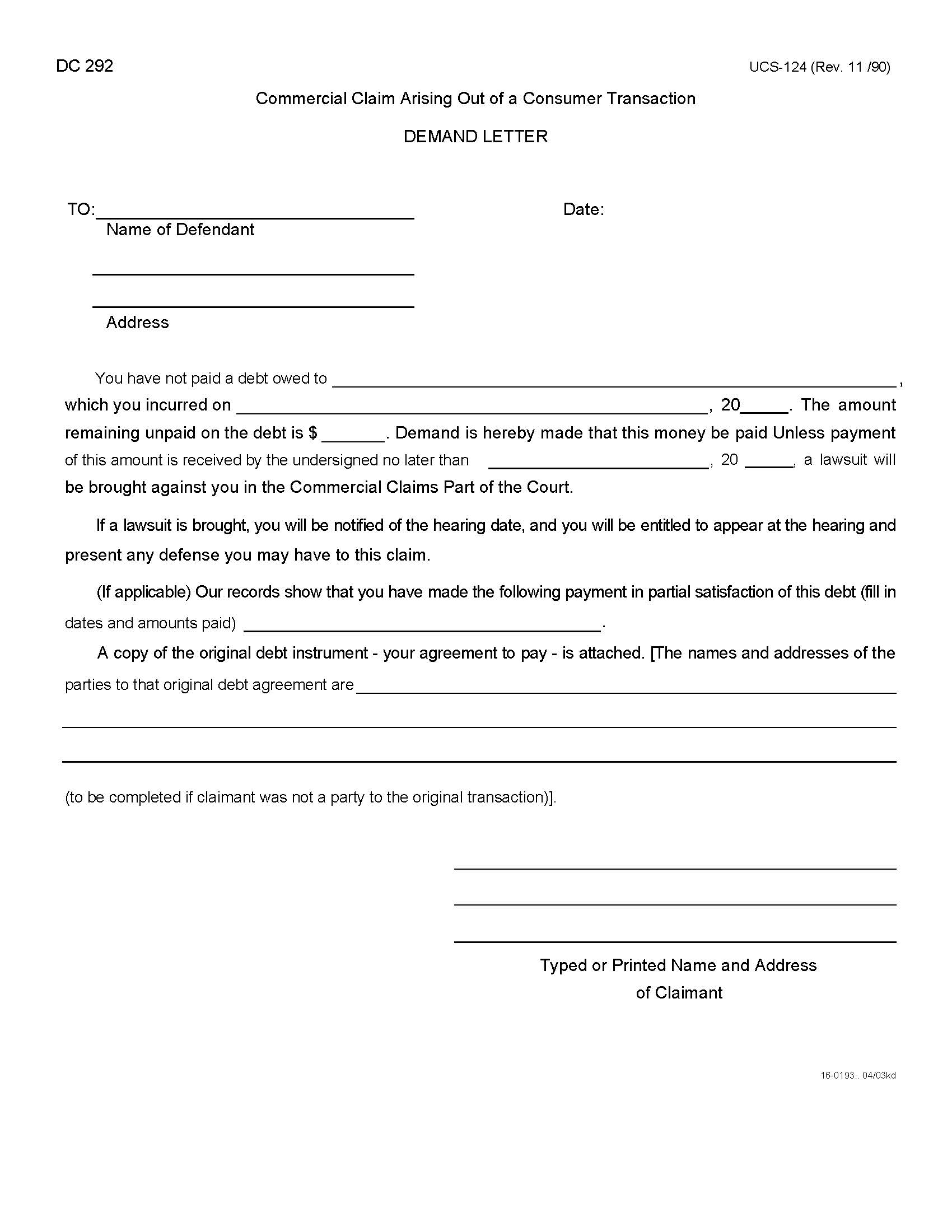 Demand Letter (Commercial Claim Arising Out Of A Consumer Transaction) {DC-292} | Pdf Fpdf Doc Docx | New York