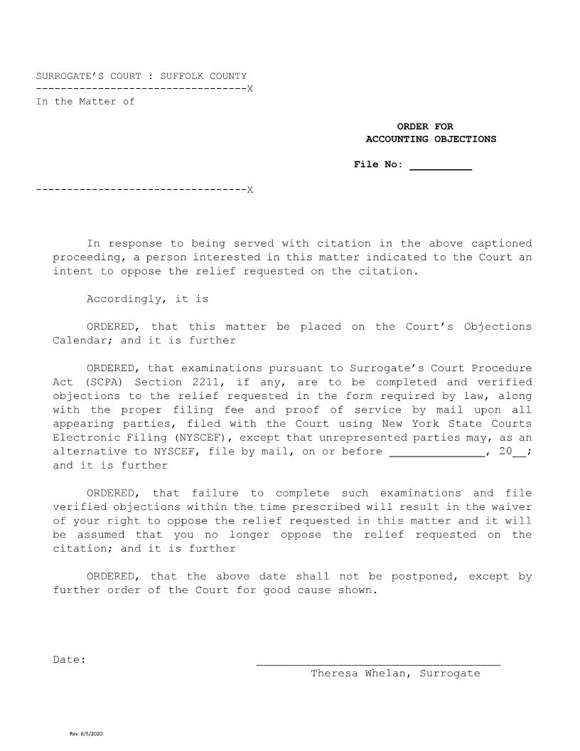 Order For Accounting Objections (Suffolk - Judge Whelan) | Pdf Fpdf Docx | New York