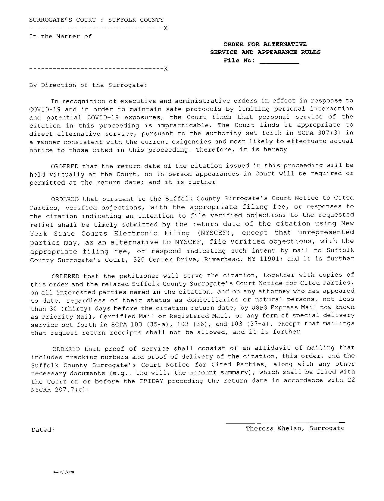 Order For Alternative Service And Appearance Rules (Judge Whelan) | Pdf Fpdf Docx | New York