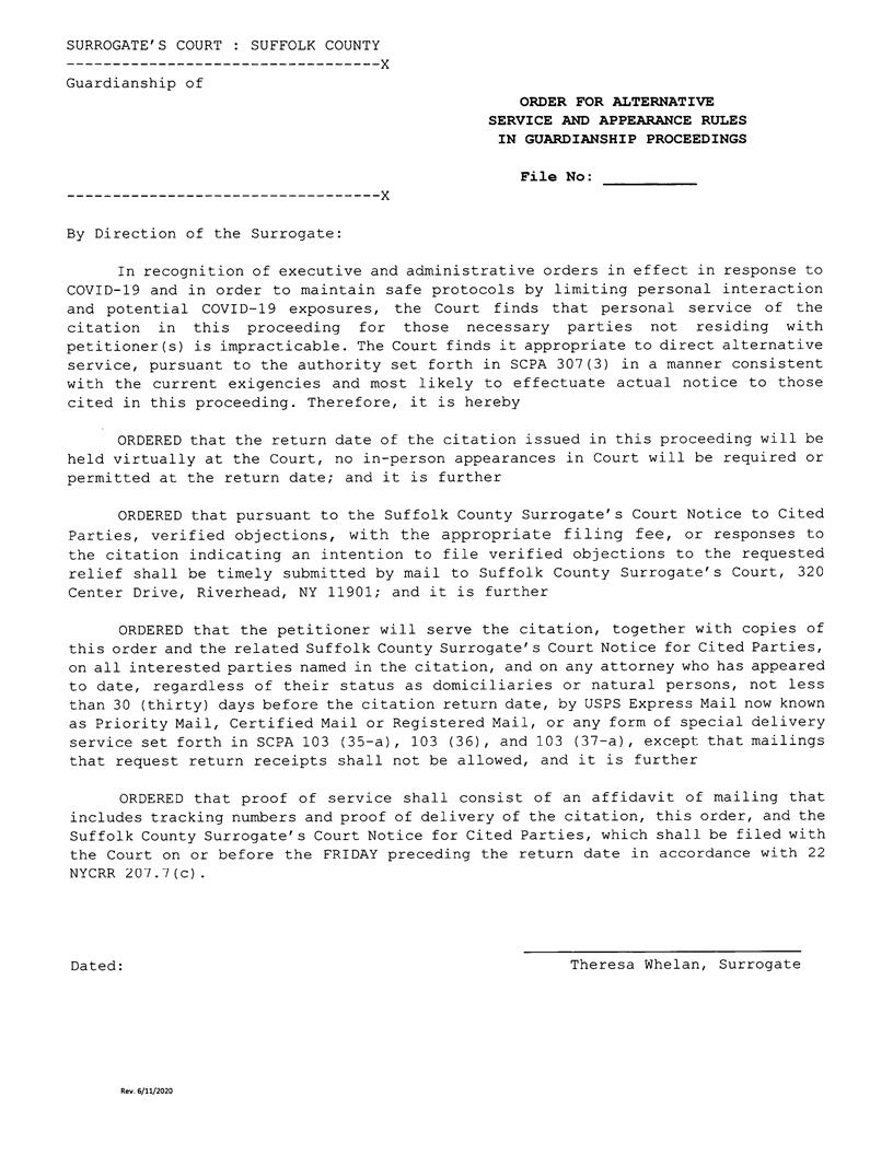 Order For Alternative Service Appearance Rules Guardianship Proceedings (Judge Whelan) | Pdf Fpdf Docx | New York